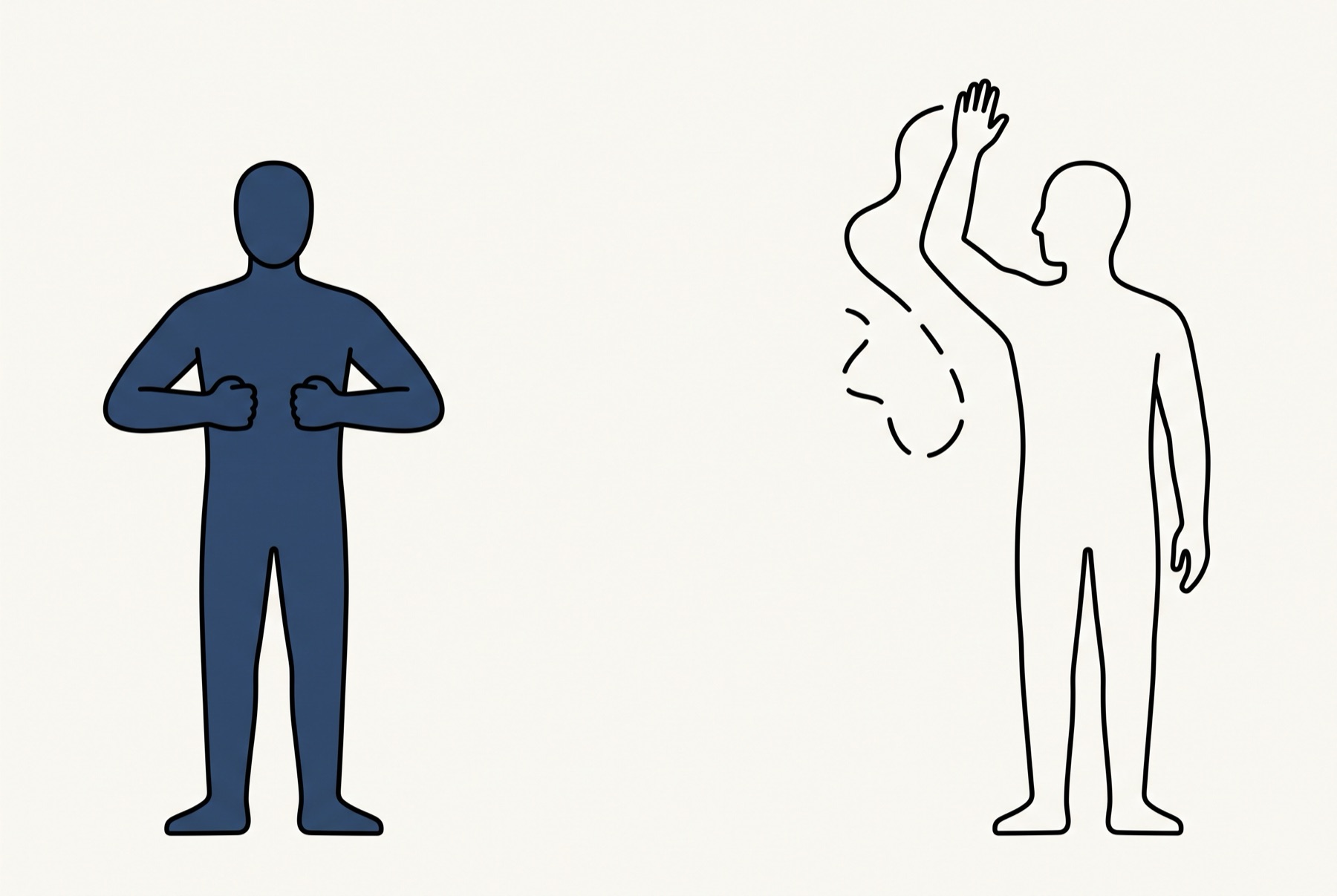 A figure filled solid slate blue stands on the left, both fists closed at chest height with a gap between them. On the right an empty outline figure raises one arm, and the contour drawn in the air by its hand is solid at the top and breaks into seven dashes.