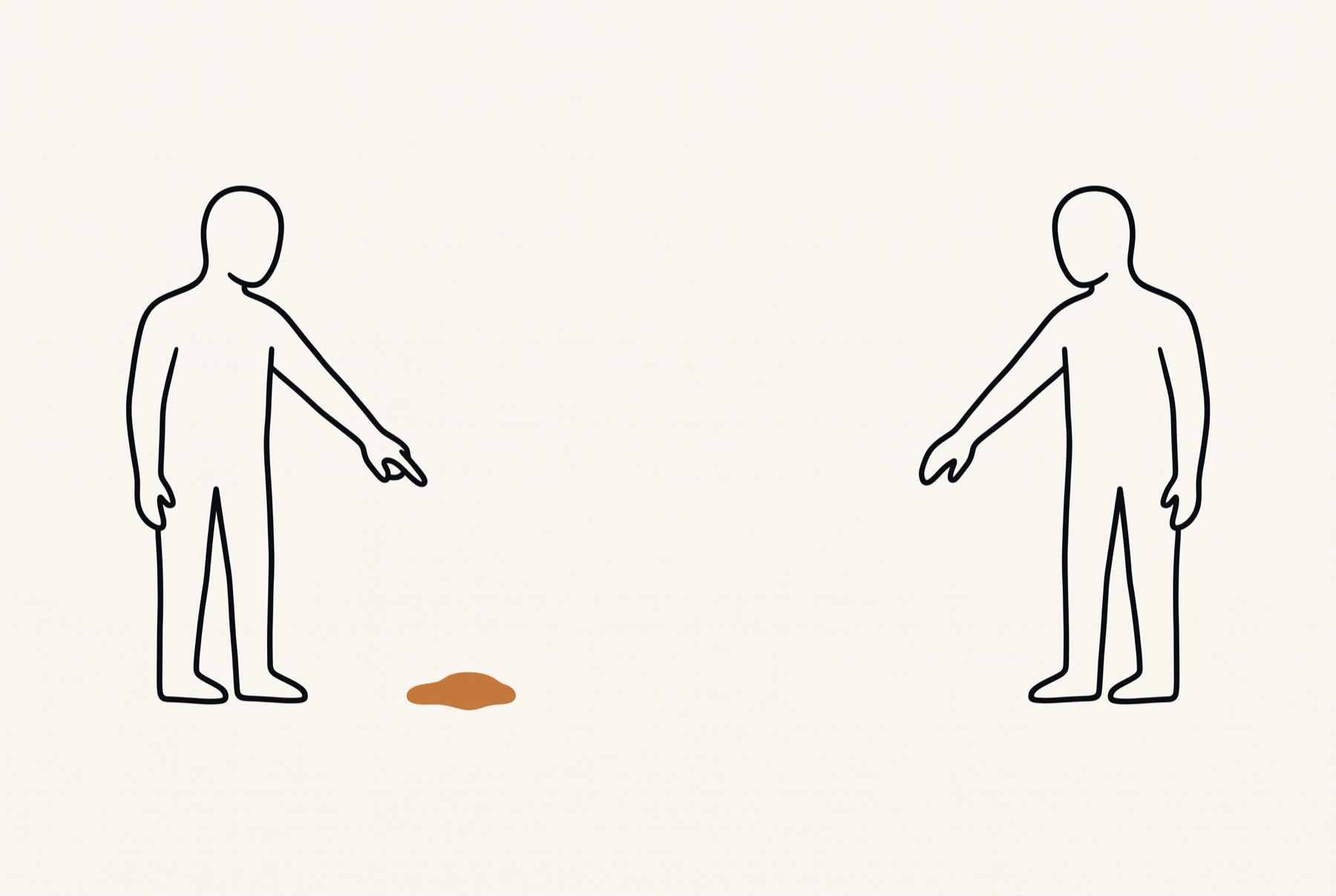 One figure points at a small solid shape on the ground beside it, while a second figure stands with an arm half raised and nothing anywhere near it to point at.