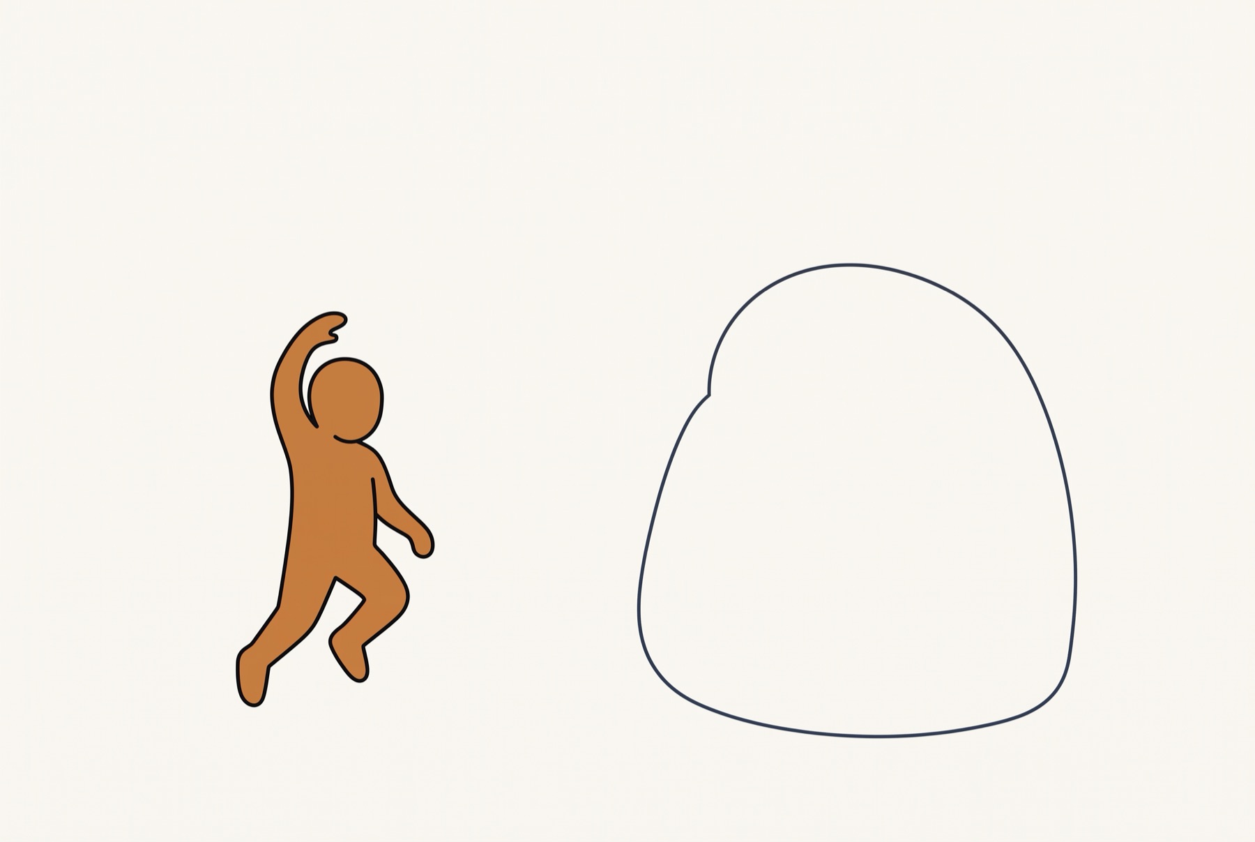 A small figure mid-leap with one arm curved above its head. Beside it on the right, a rounded outline twice as wide as the figure and slightly taller, with nothing at all inside it.