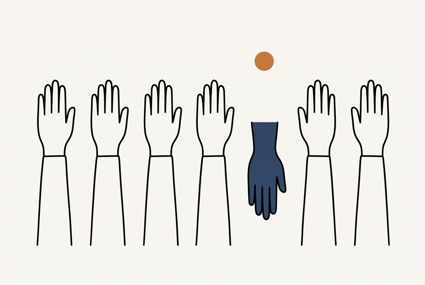 Seven hands stand in a row: six are open outlines on raised forearms, and the fifth is a solid hand with no arm, pointing down under a small dot.