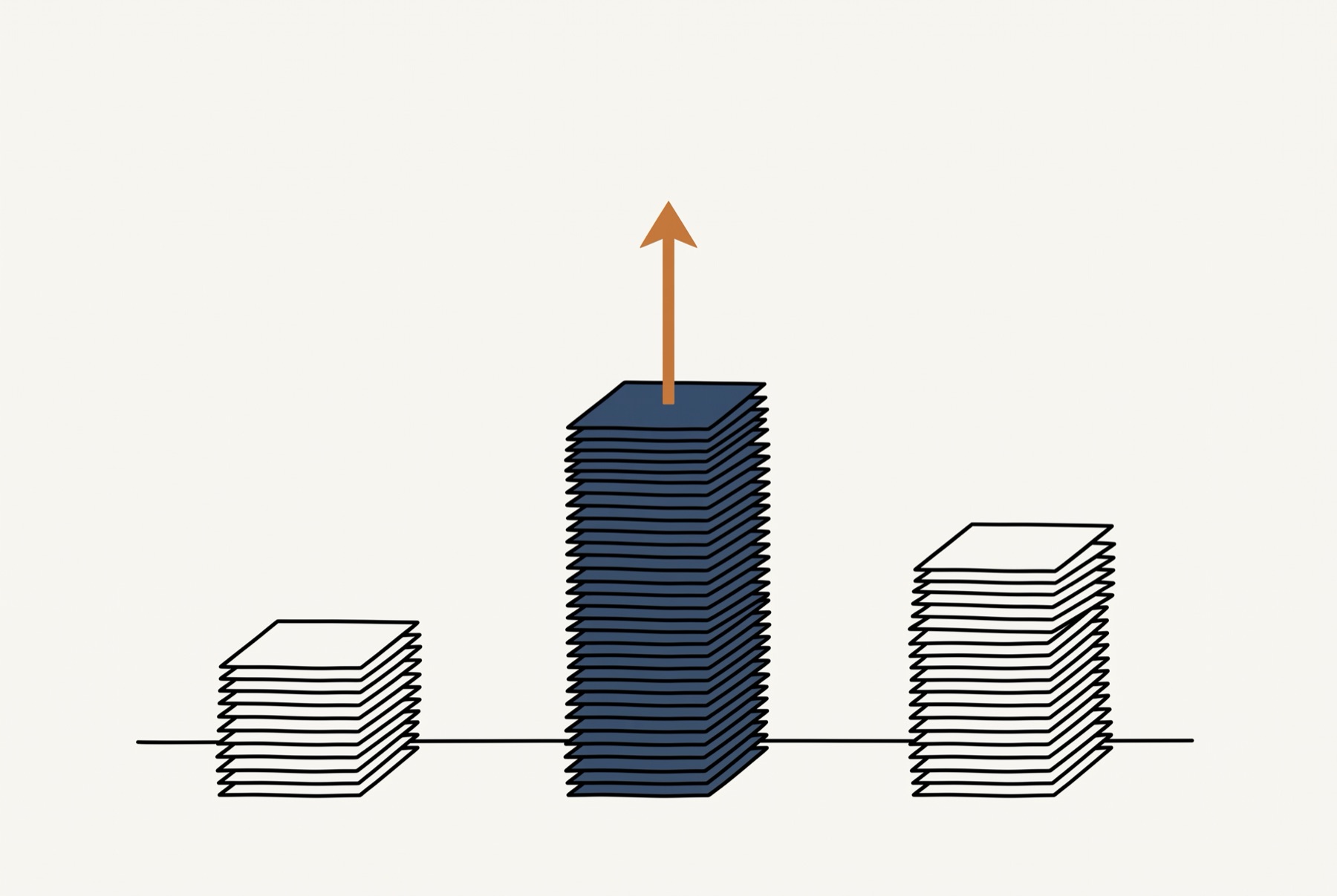 Three uneven stacks of small cards stand side by side on a level line, and a single arrow rises from the tallest one.