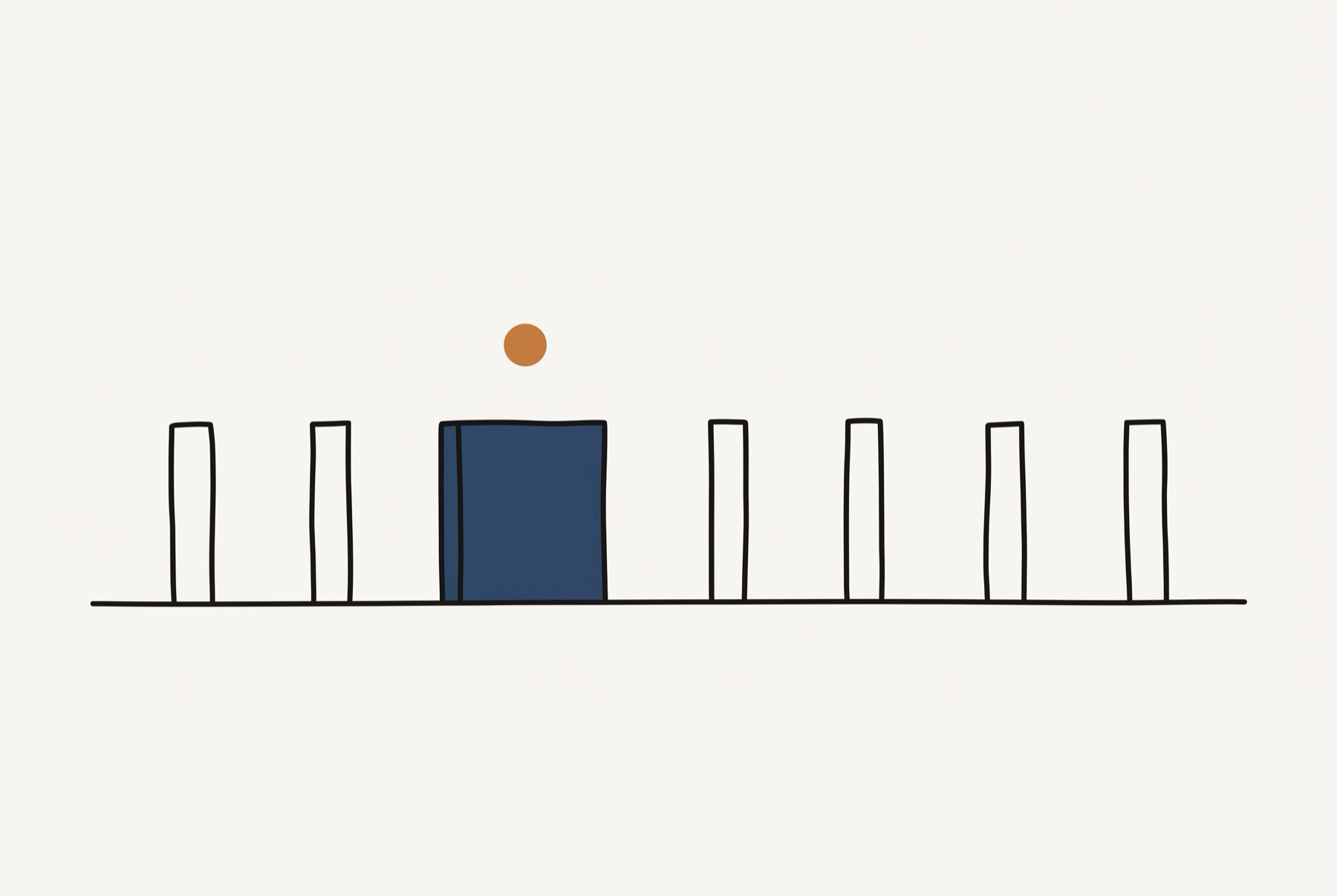 Seven small cards stand on one long ground line, six of them narrow outlined slivers seen edge on. The third from the left is a broad rectangle filled flat slate blue, with a small ochre circle floating above it.