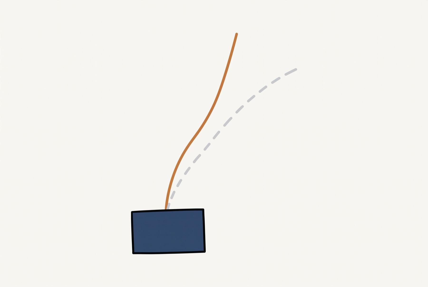 A single small card lies at the foot of the frame, and two lines rise from it: one solid and unbroken, one drawn in faint dashes, separating as they climb.
