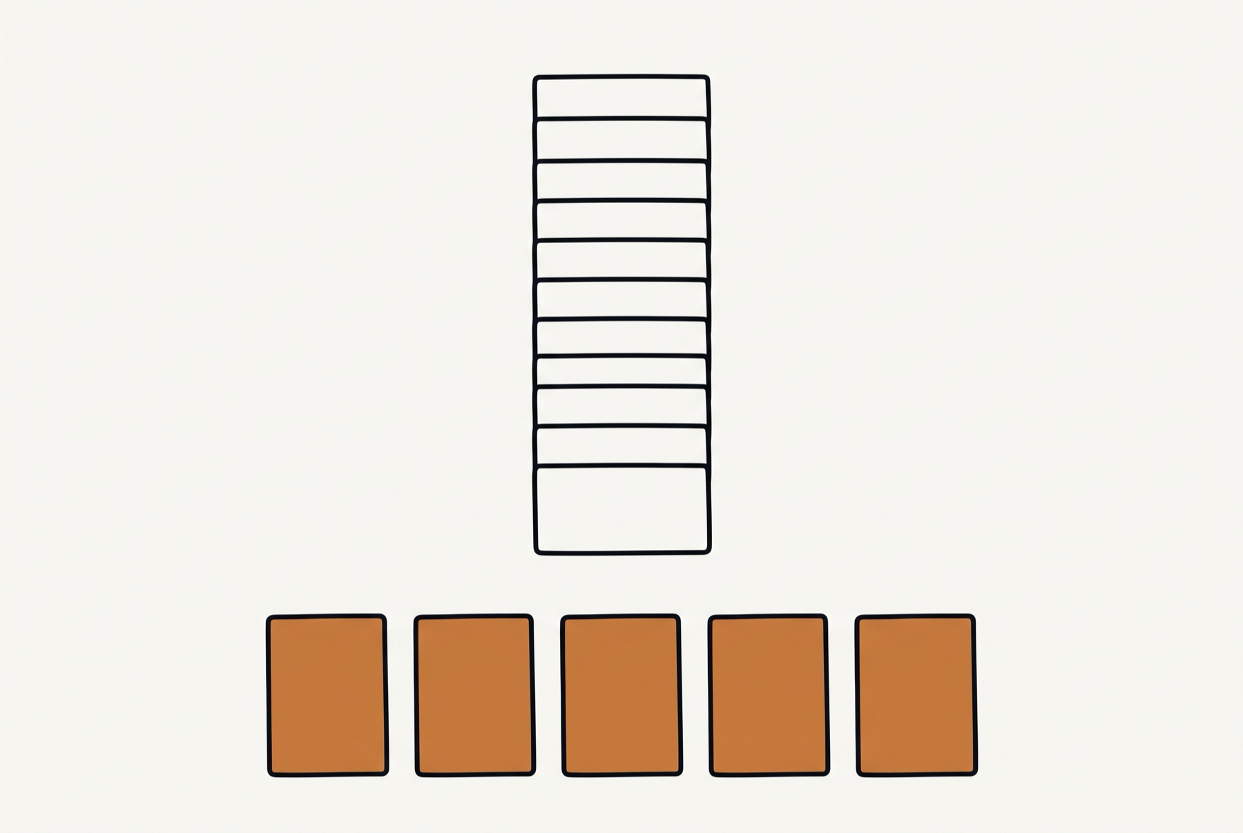 A tall column of eleven identical empty outlined rectangles stands in the upper half of the frame, stacked squarely one above another. Below a wide band of clear ground, five rectangles of the same size sit side by side in one row, every one filled flat warm ochre.