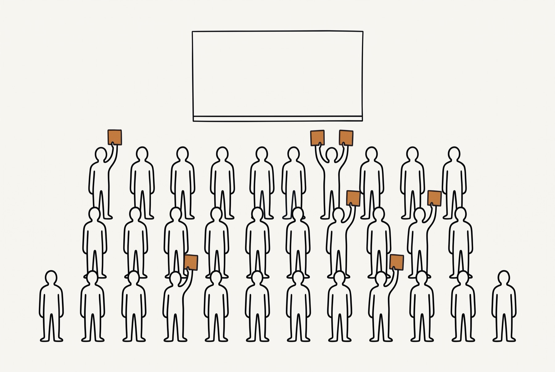 An empty outlined rectangle with a thin band along the bottom sits above three rows of outline figures, ten at the back, ten in the middle, twelve in front. Six of the thirty-two figures hold seven small ochre squares above their heads, one of them raising two.