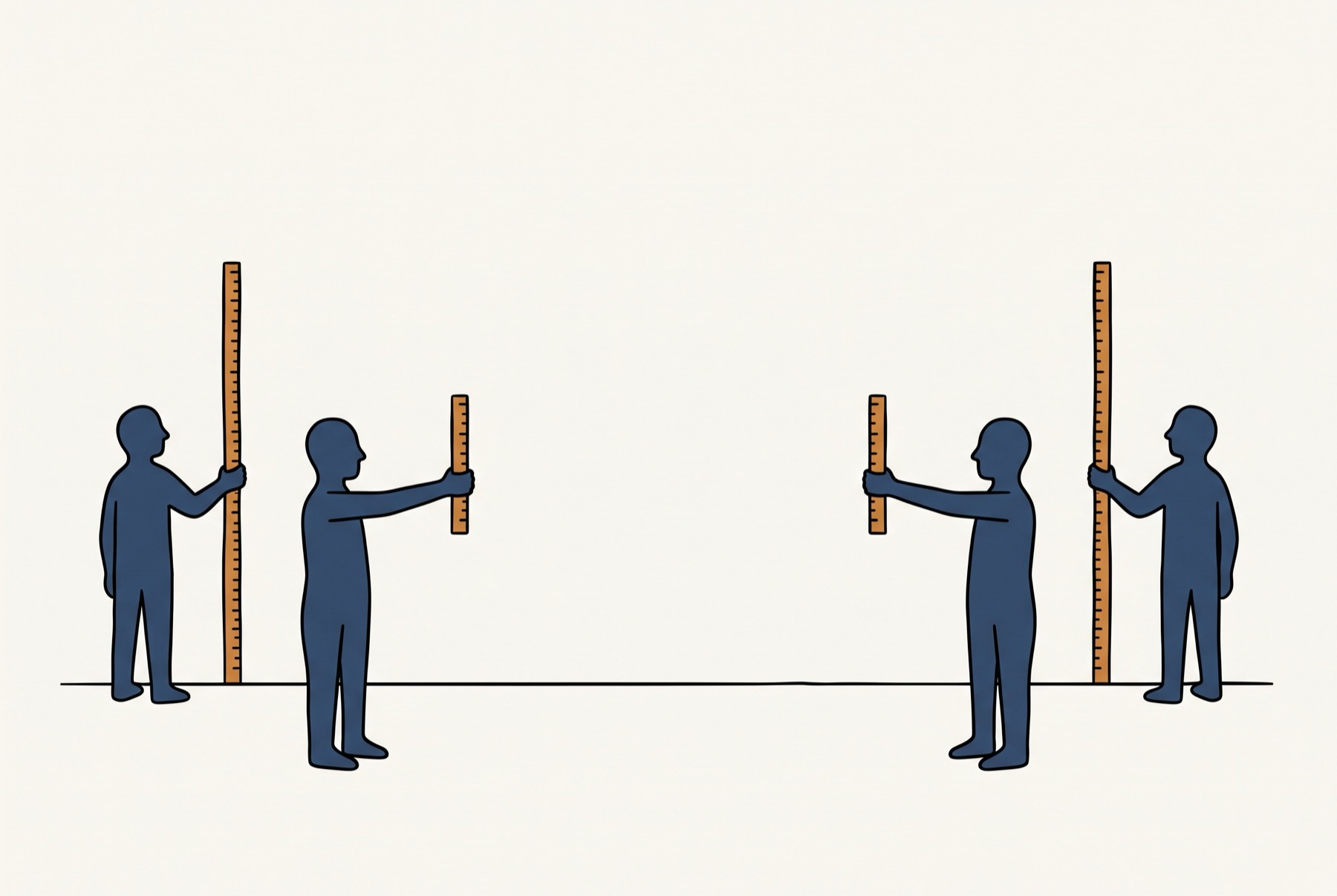Four slate blue figures stand on a thin black line. The middle two face each other across an empty gap holding out short ochre measuring sticks, and behind each of them another figure holds a much taller stick upright.