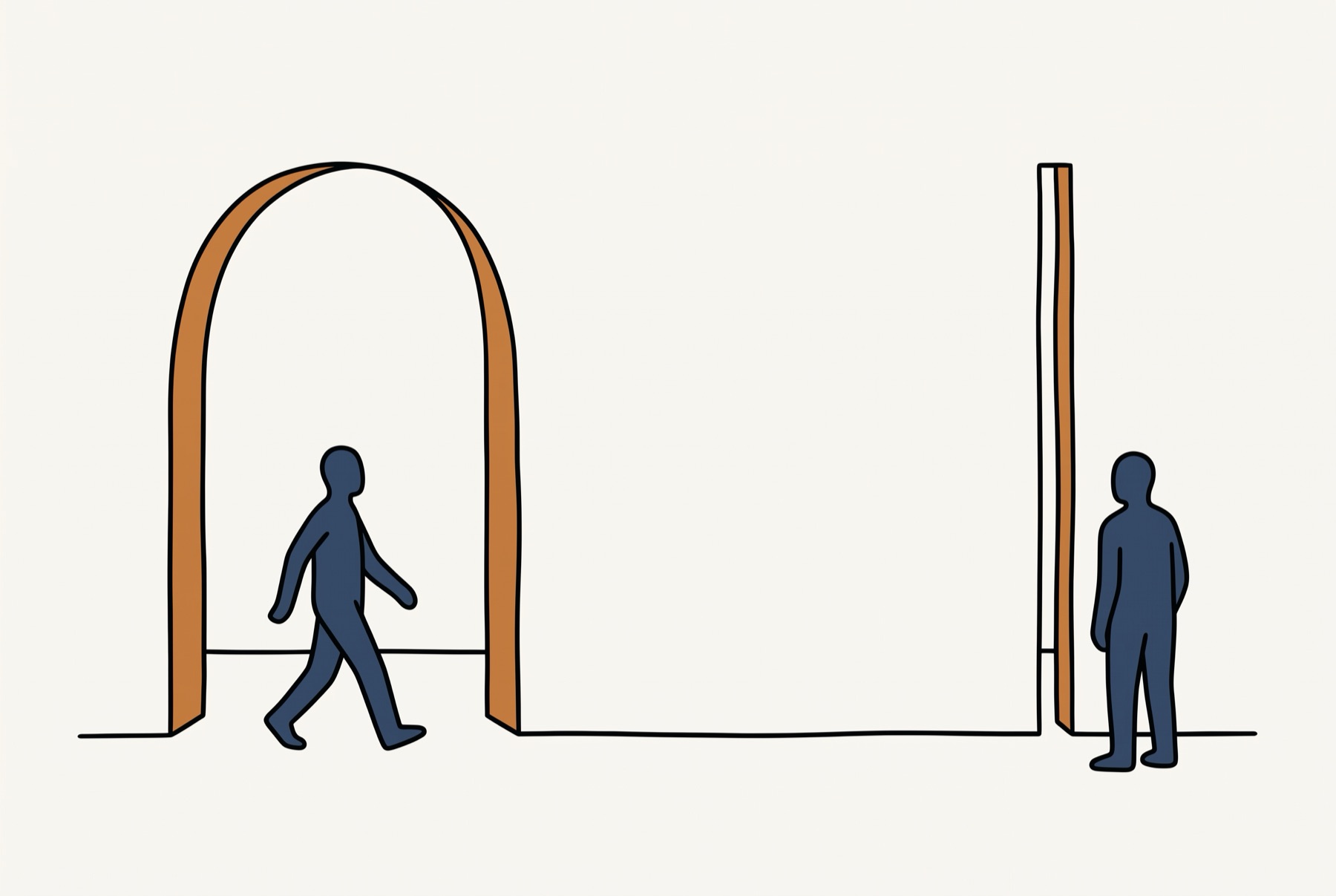 A black line runs across the lower frame, broken by two openings: a tall round arch with ochre jambs on the left and a narrow vertical slot on the right. A slate blue figure strides through the arch, and a second stands still beside the slot, facing it.