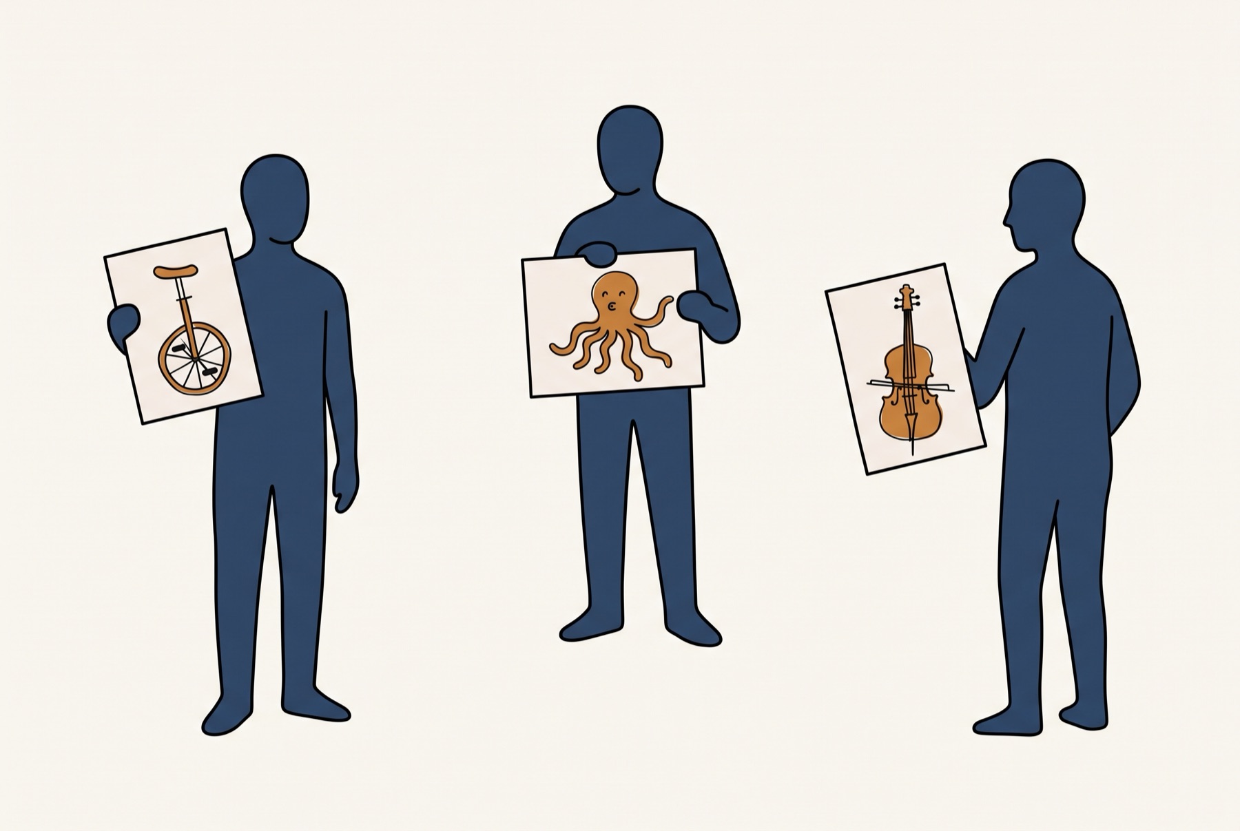 Three figures stand apart, each holding up an unsigned card with a single drawing on it: a unicycle, an octopus and a cello.
