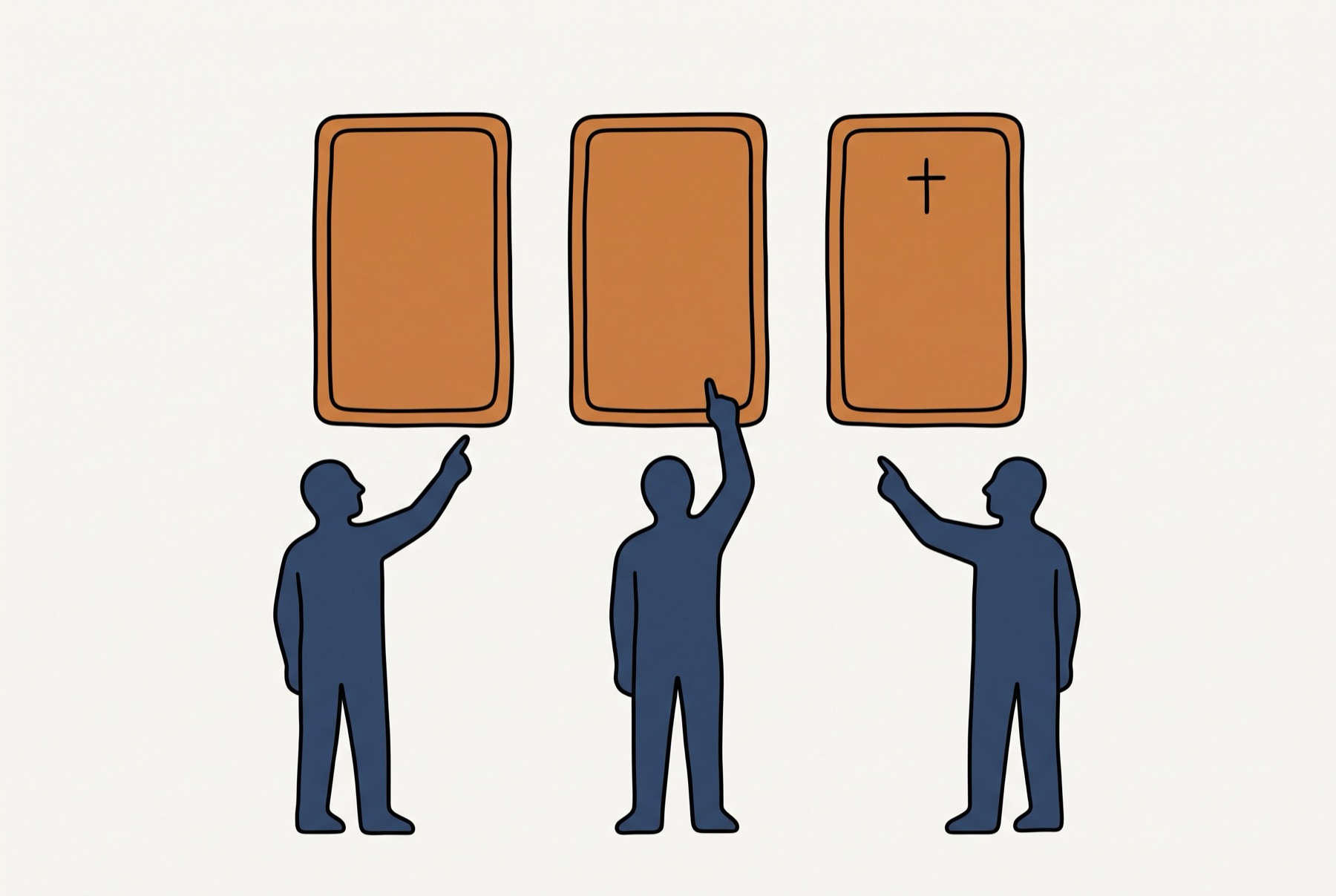 Three cards are held up in a row, two of them plain and one marked with a small cross, while figures below point at the wrong one.