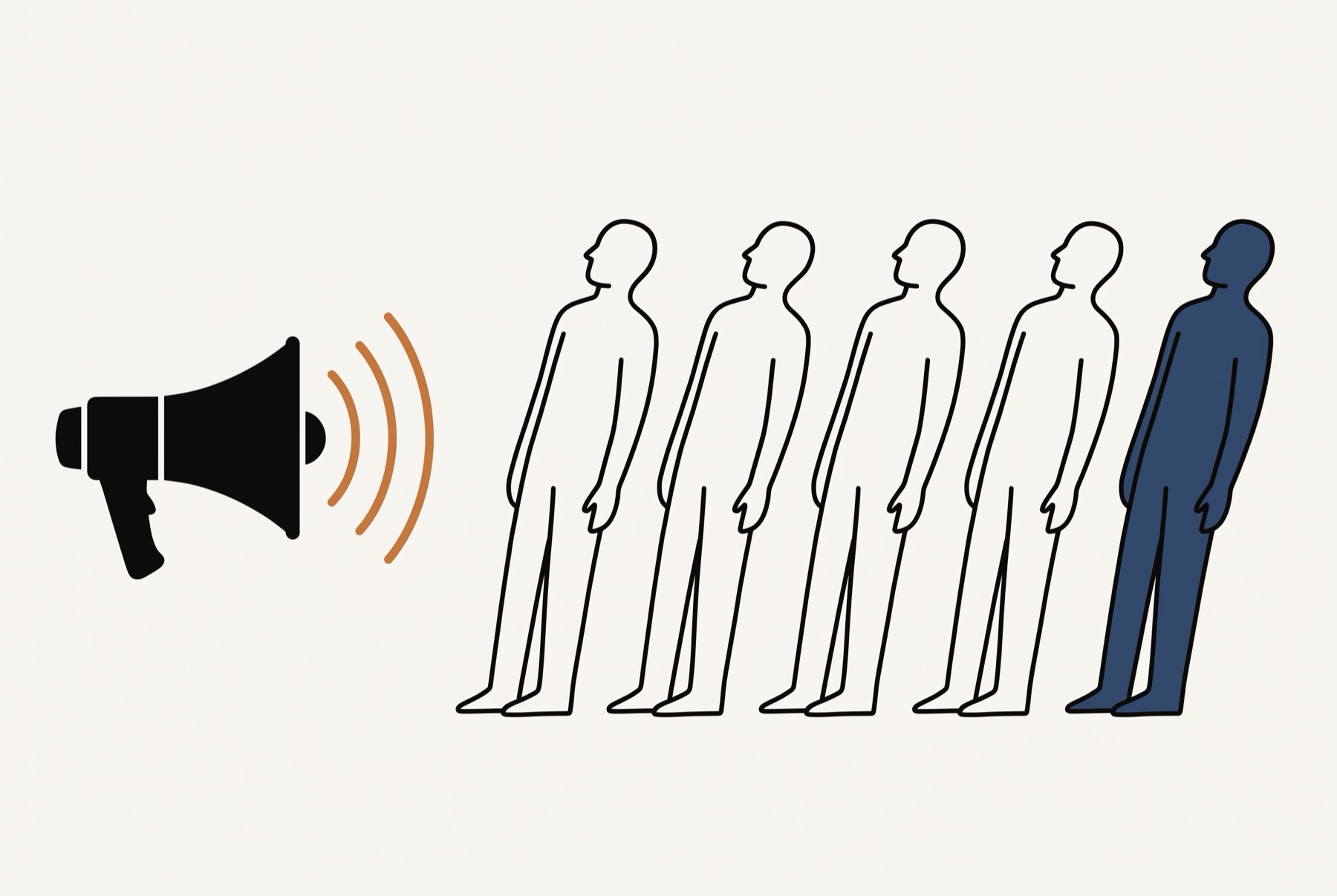 A megaphone fires three arcs of sound at a row of five figures, and every one of them is leaning back away from it at the same angle.