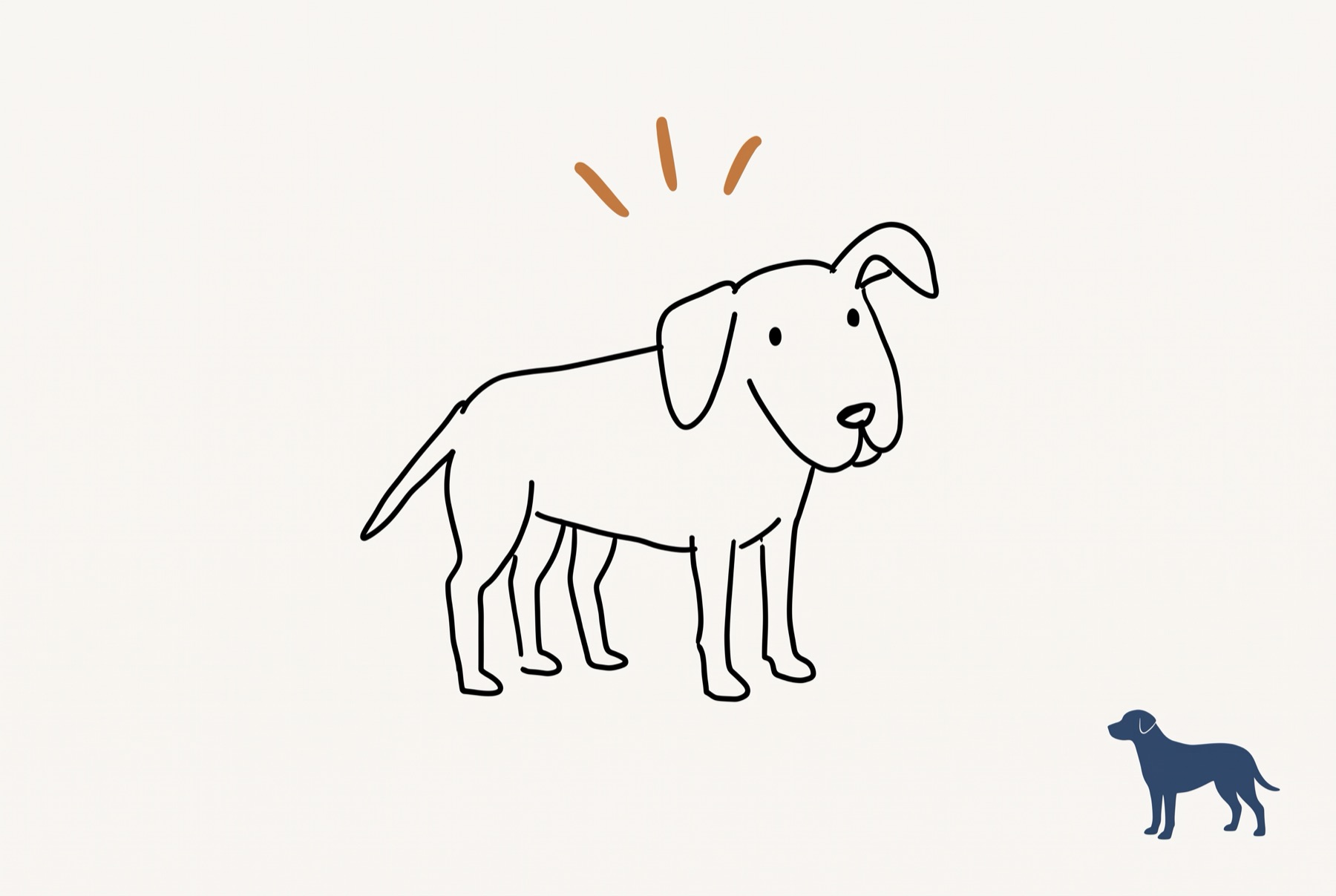A large, wobbly line drawing of a dog with six legs fills the page, while a small, neat drawing of a correct four-legged dog sits ignored in the corner.