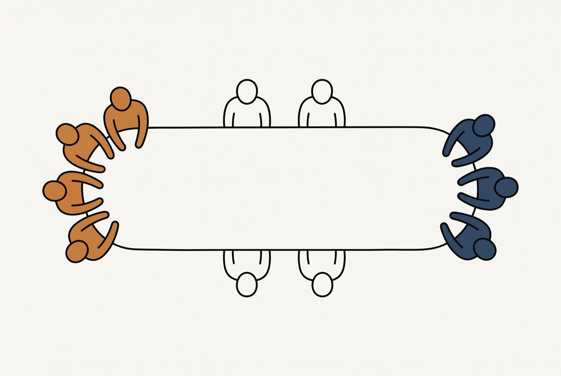 One long table seen from above with eleven figures around it. Four at one end lean into a tight cluster, three at the far end lean into a second cluster, and four in the middle face nobody in particular.