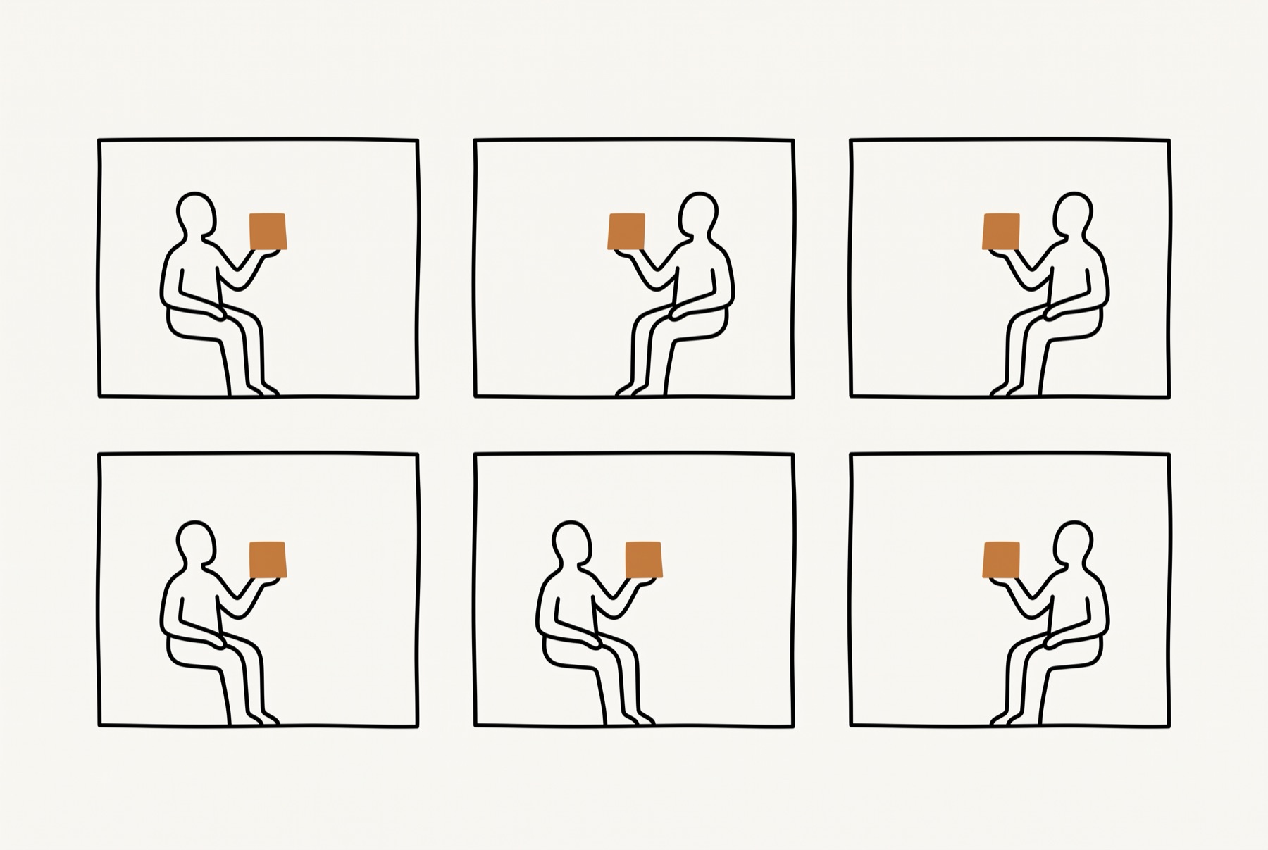 Six identical outlined rectangles sit in two rows of three, one seated figure in each. Every figure holds up a small ochre square, the three squares in a row at the same height, with three figures turned right and three turned left.