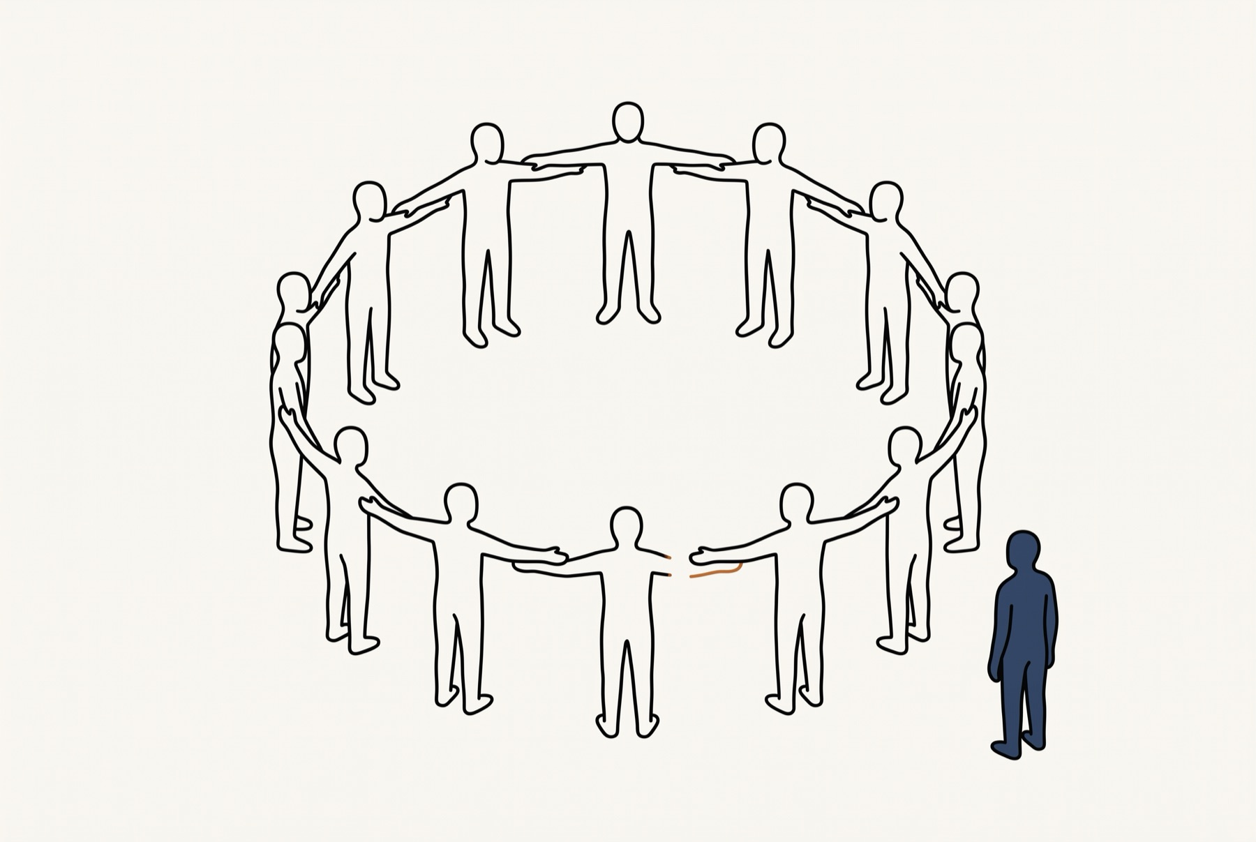 Fourteen outlined figures stand in a ring with their arms out and their hands meeting, except at the bottom of the ring where one arm ends short of the next hand. A short ochre line lies in that gap, and one figure filled solid slate blue stands apart to the right of the ring.