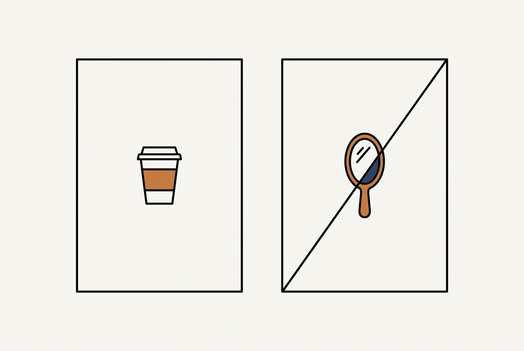 Two blank prompt cards lie side by side, one drawn with a small coffee cup and one drawn with a hand mirror struck through by a thick line.