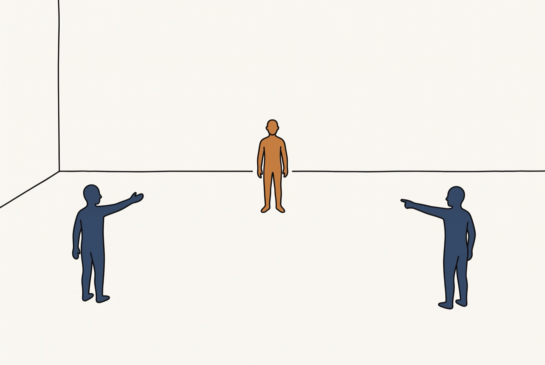 Three figures stand far apart in a large empty room, two of them with arms extended toward the third, who stands still.