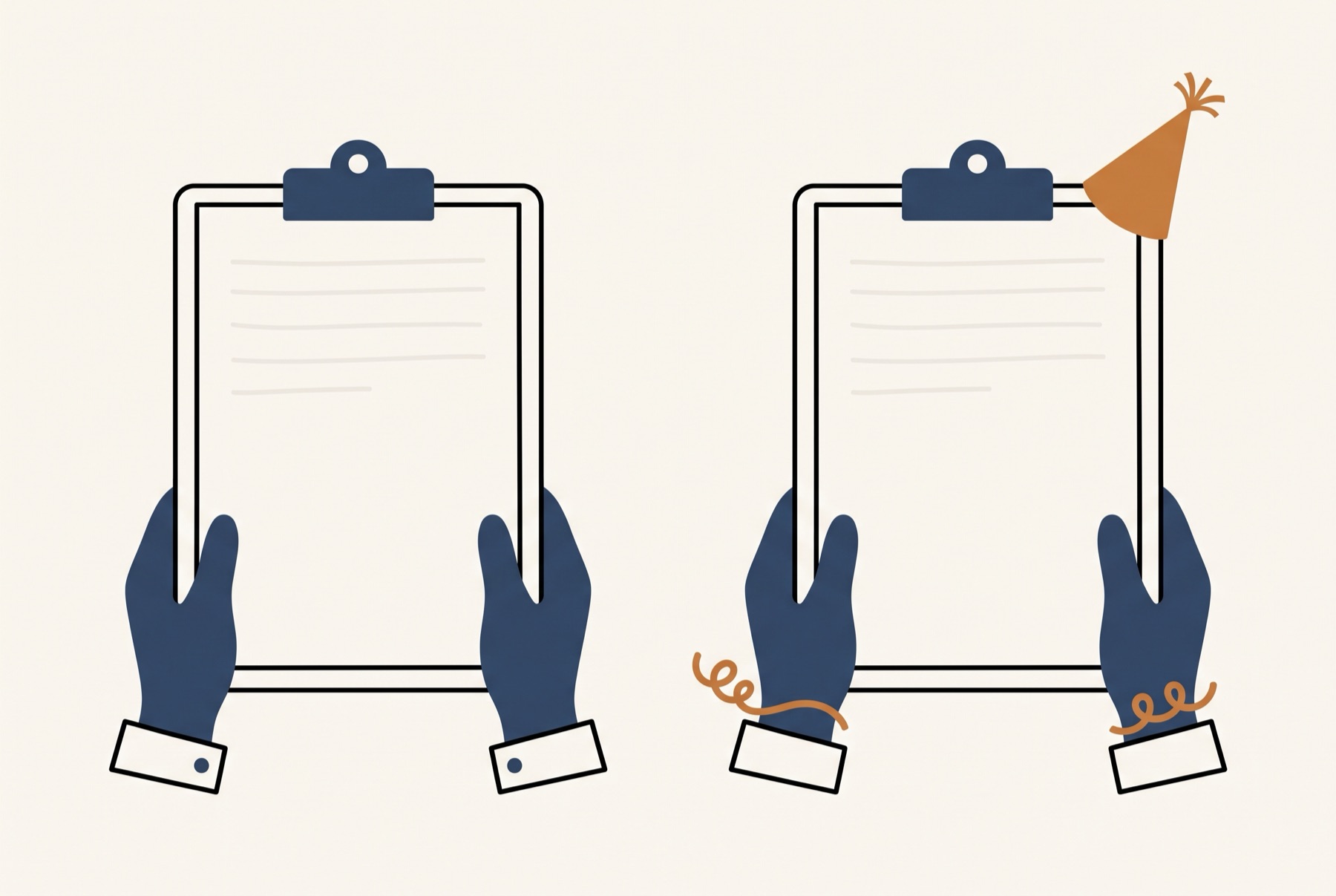 Two identical clipboards side by side, each held from below by a pair of hands. The right pair has party streamers curled round both wrists and a paper hat perched on the corner of its clipboard, and both sheets are blank.