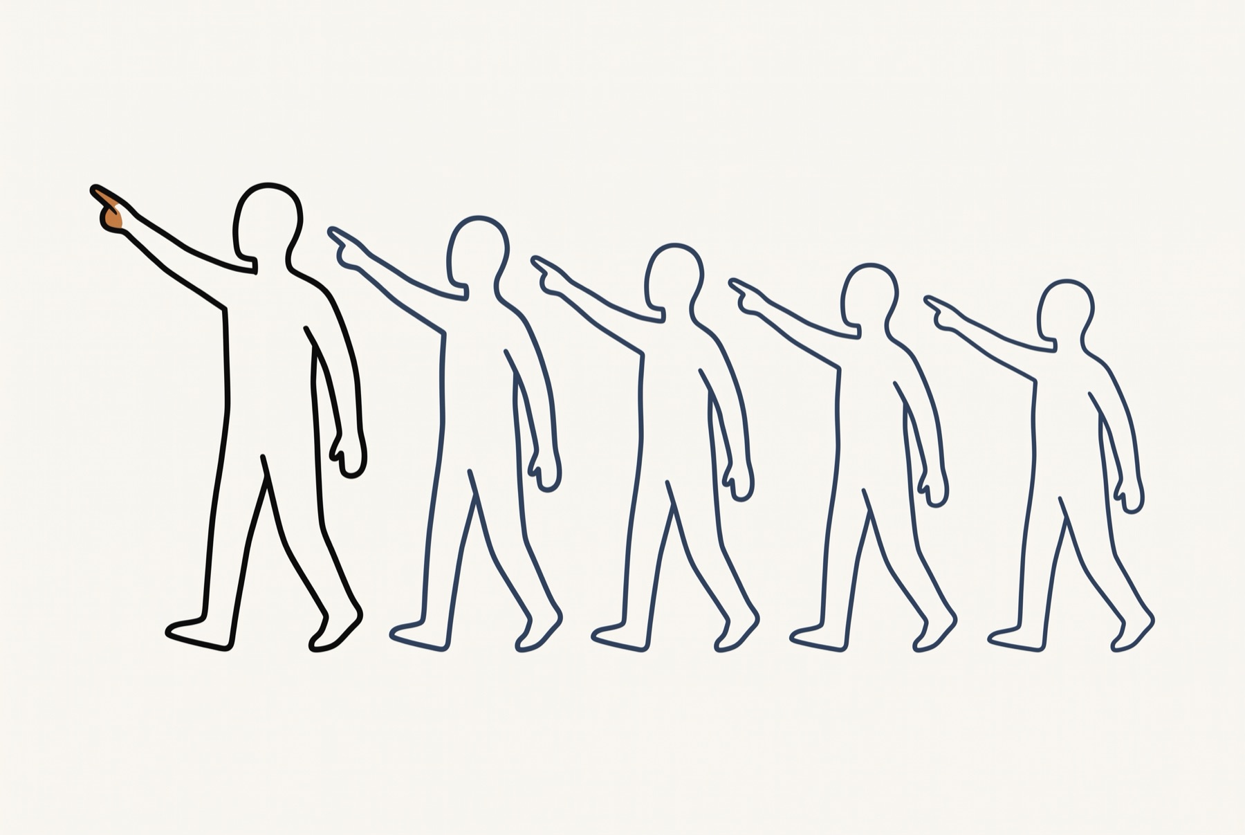 A row of five standing figures, the first with an arm raised and pointing, and the four arms behind it swinging to the same angle at slightly lower heights.