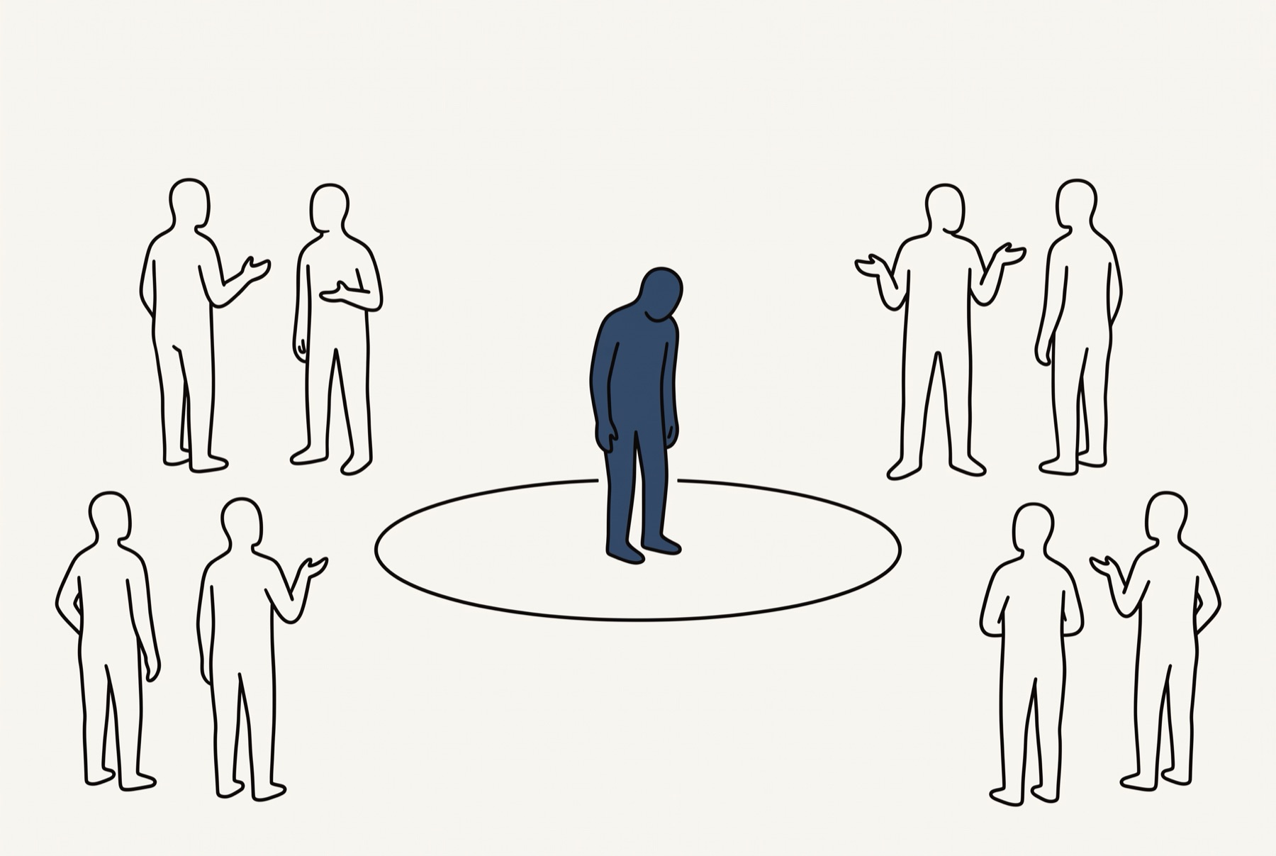 One figure filled deep slate blue stands with its head bowed inside a wide flat ellipse drawn on the off-white ground at the centre of the frame. Eight outlined figures stand outside it in four corner pairs, and five of them hold an open hand up at chest height.