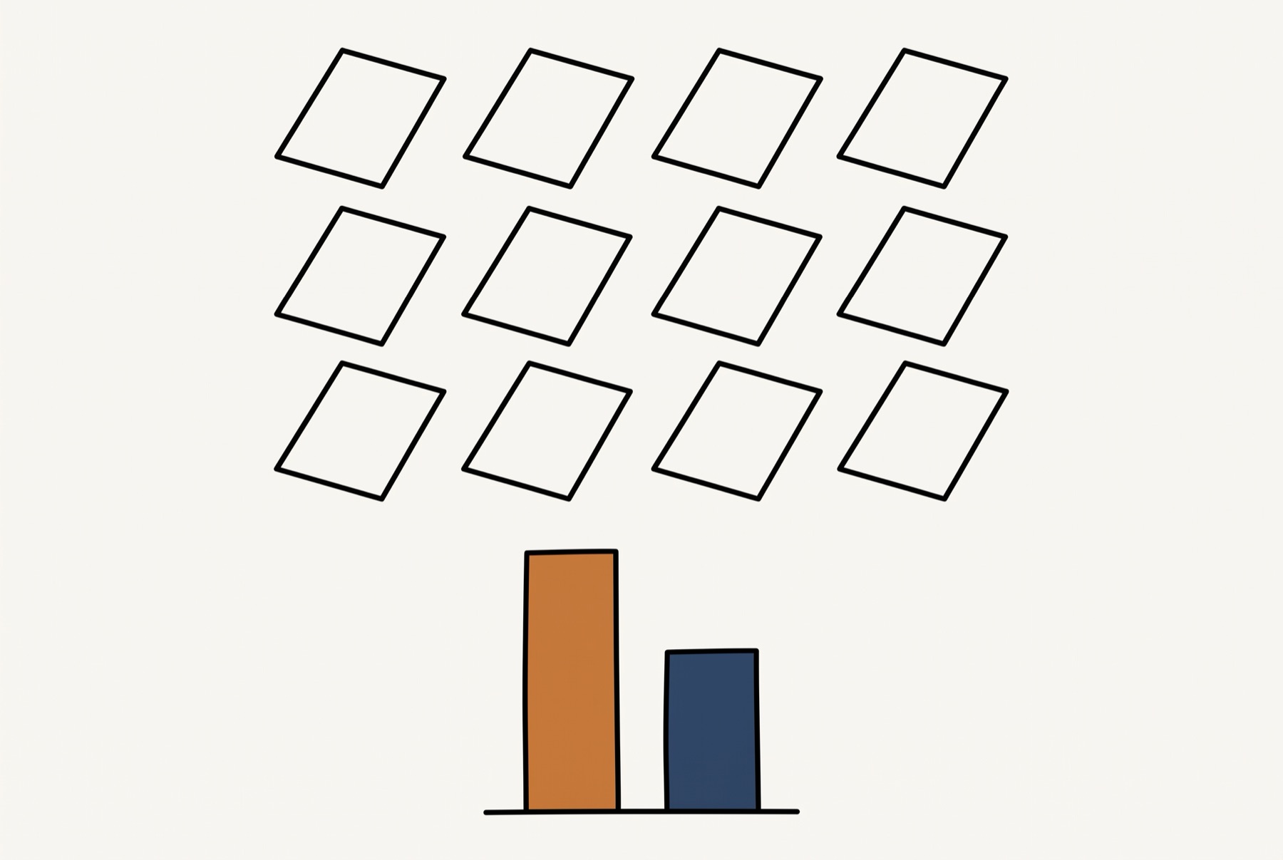 Twelve identical blank cards lying face down in three rows of four, and below them two filled bars of different heights standing on a line.