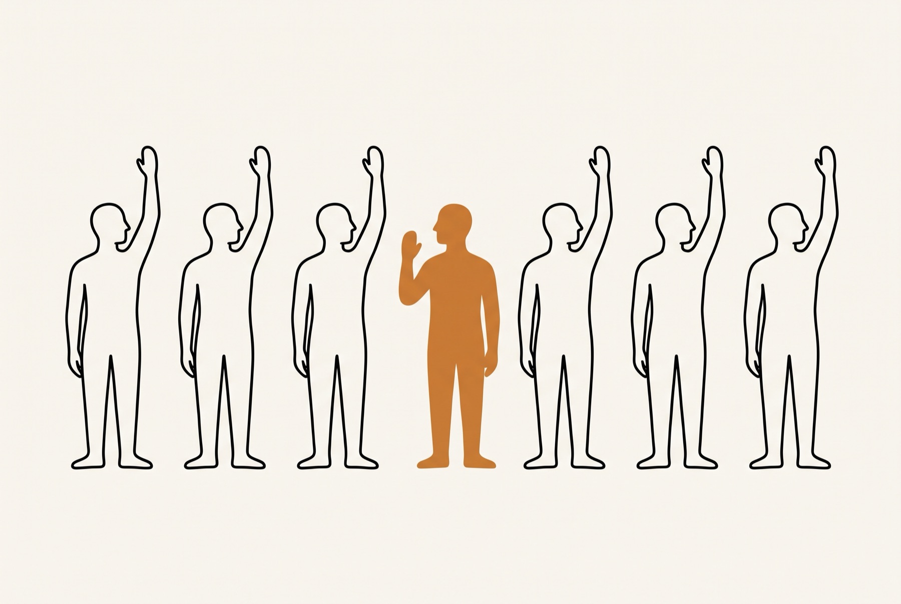 Seven figures stand in a row with their hands raised, and one figure in the middle has a hand lifted only to shoulder height.