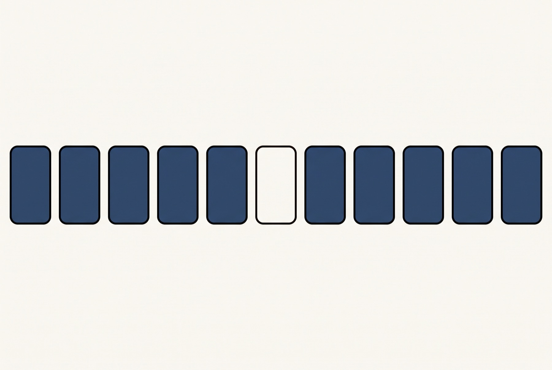 An evenly spaced row of eleven identical rounded shapes, ten of them filled solid and the sixth one, in the middle, left as an empty outline.