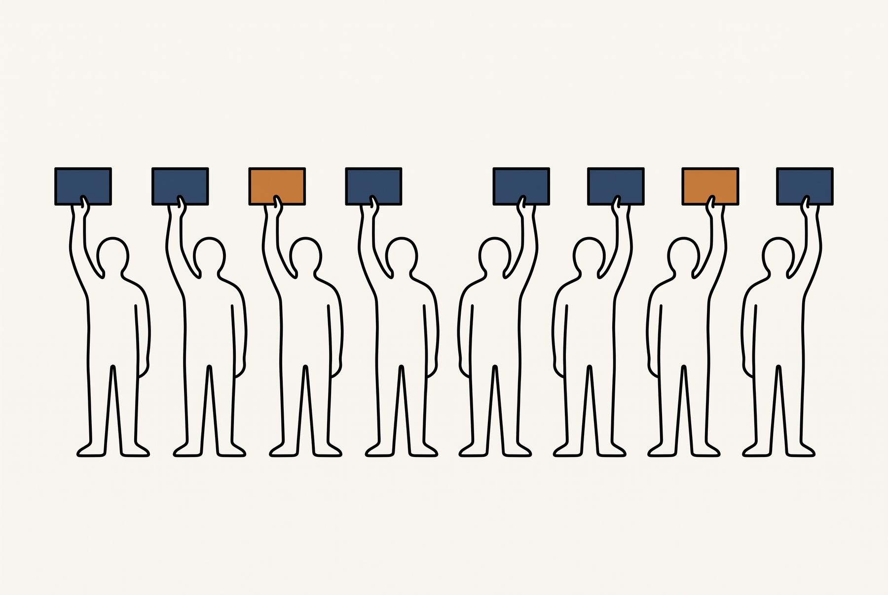 The same row of eight figures, every one now holding a small card high above its head. Six cards are slate blue and two, not next to each other, are ochre.