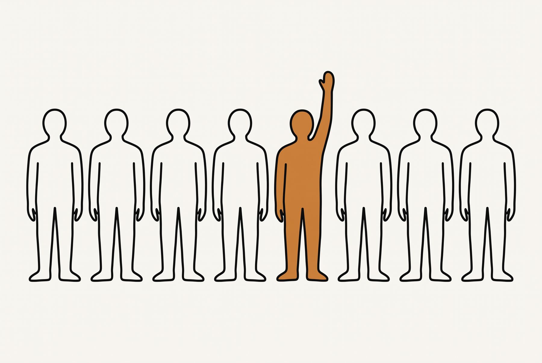 Eight plain figures stand in a row. One of them, filled ochre, has an arm raised high above its head, and the other seven stand with their arms at their sides.