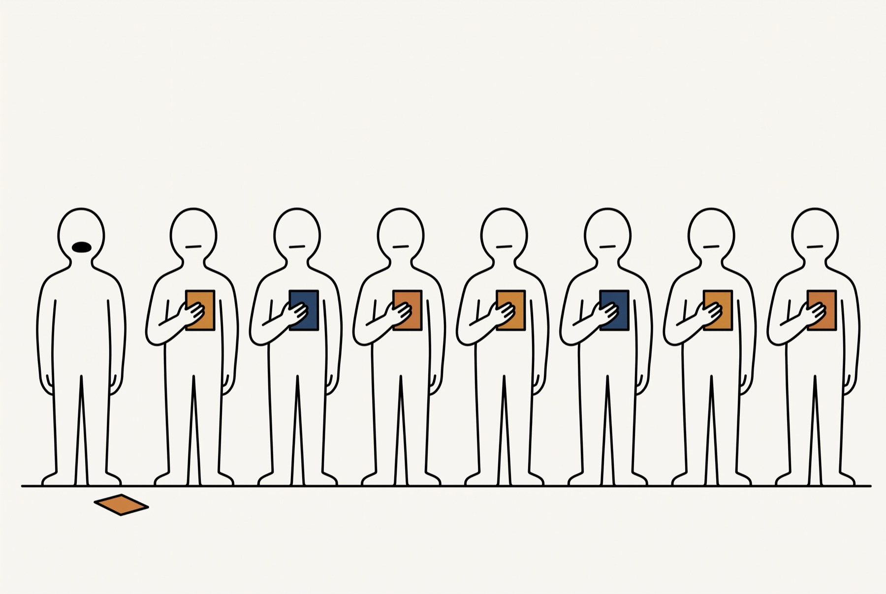 Eight outlined figures stand side by side on a single ground line, and only the first has an open mouth and empty hands, with a small ochre card at its feet. Each of the other seven holds a filled card flat against the chest, slate blue for the third and sixth figures and warm ochre for the rest.