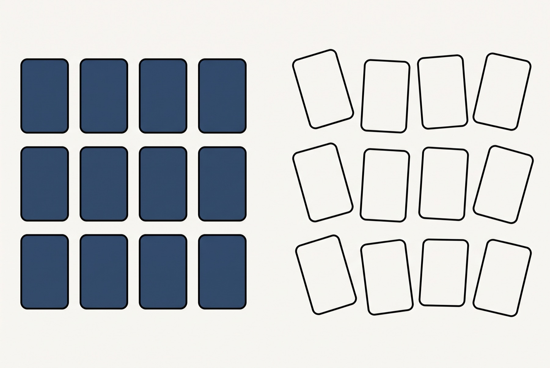 Twelve blank cards filled solid slate blue lie in three tidy rows of four on the left. The same twelve lie on the right as outlines, in the same three rows of four, each one tilted a few degrees