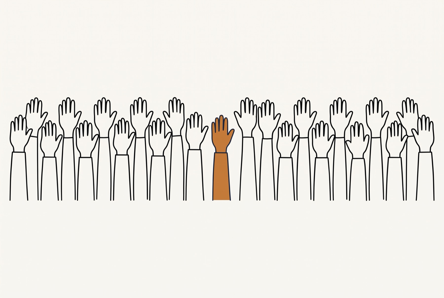 Twenty-three open hands on raised forearms fill a single row, taller and shorter hands alternating so the tops do not line up. The twelfth hand, at the middle of the row, is filled warm ochre and the other twenty-two are outlines.