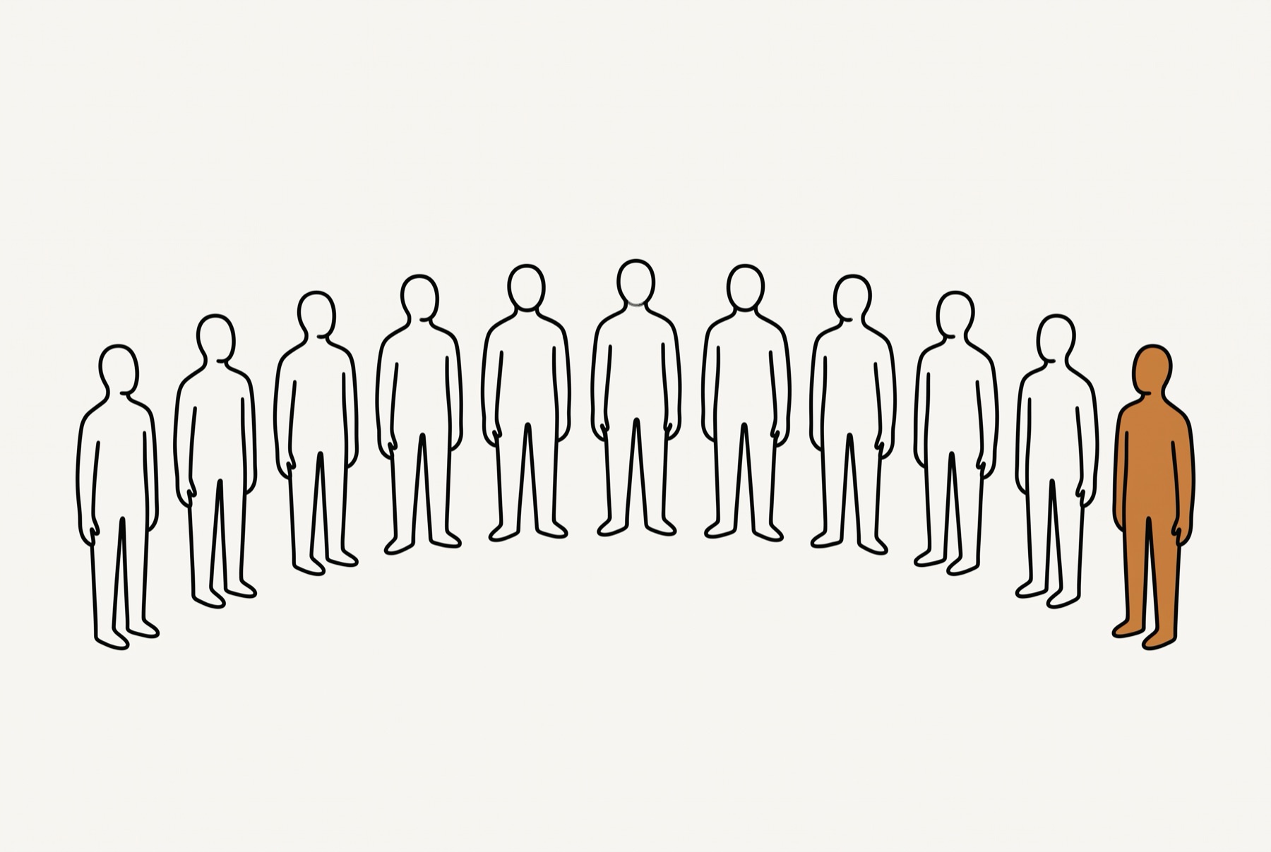 Eleven figures stand in one wide shallow arc, ten of them outlines and all facing forward, the ones at each end drawn slightly larger than those at the centre. The eleventh, at the right end, is filled warm ochre and stands in the arc, level with the figure at the far left.