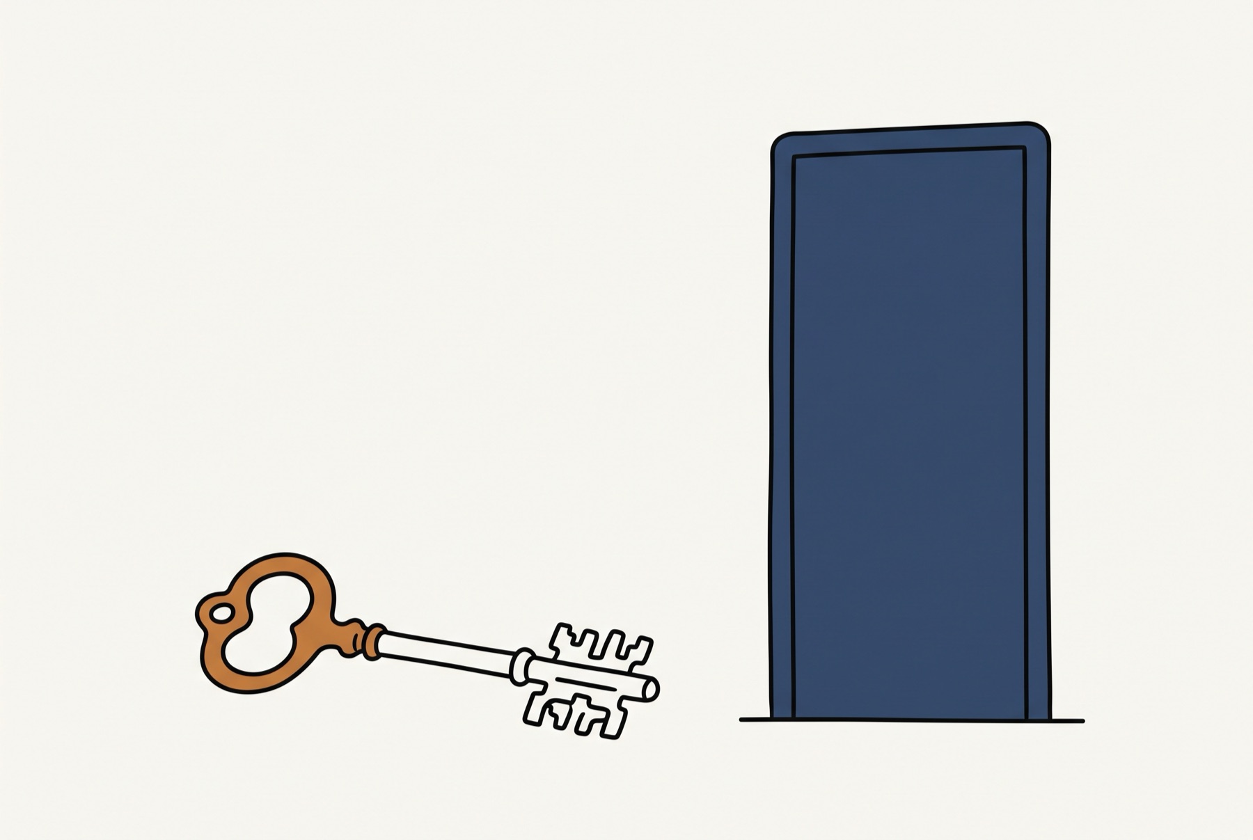 A large ornate key lies flat on the ground beside a tall closed door that has no handle, no hinges and no keyhole.