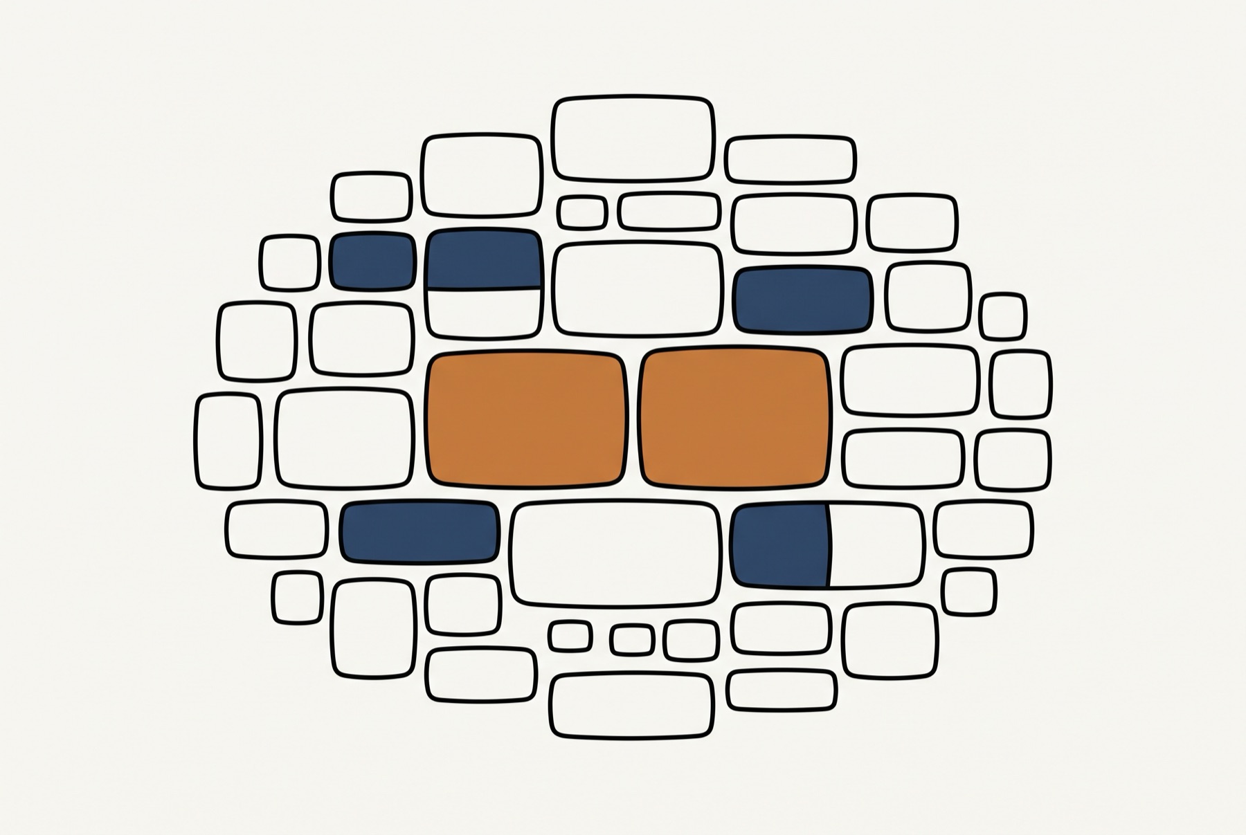 A dense cluster of blank rounded shapes of very different sizes packed into one block, with the two largest sitting at the centre.