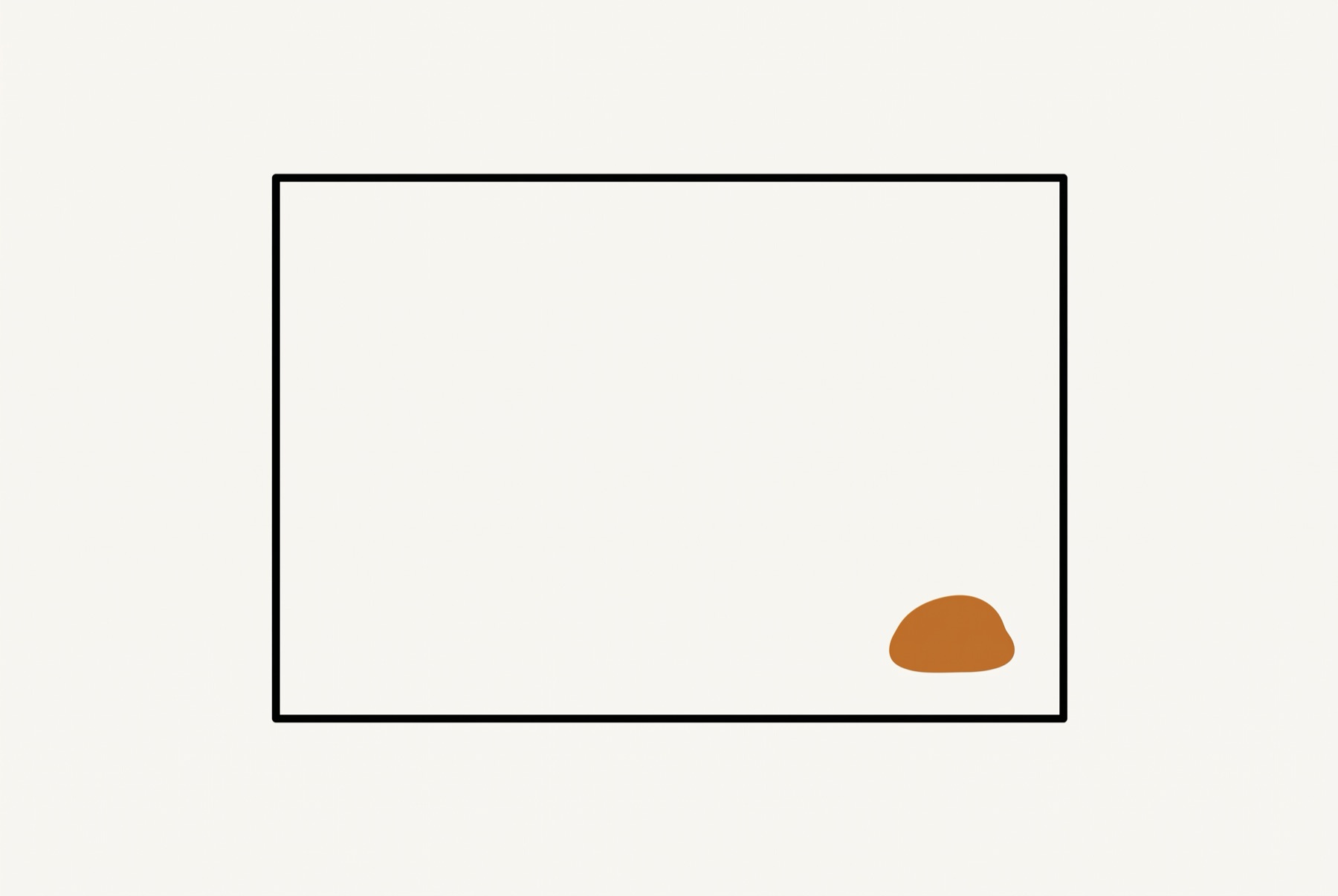 A wide rectangle drawn as a thin black outline sits in the middle of the frame with clear ground all round it. Inside it one small solid ochre dome sits near the lower right corner, and nothing else is drawn.