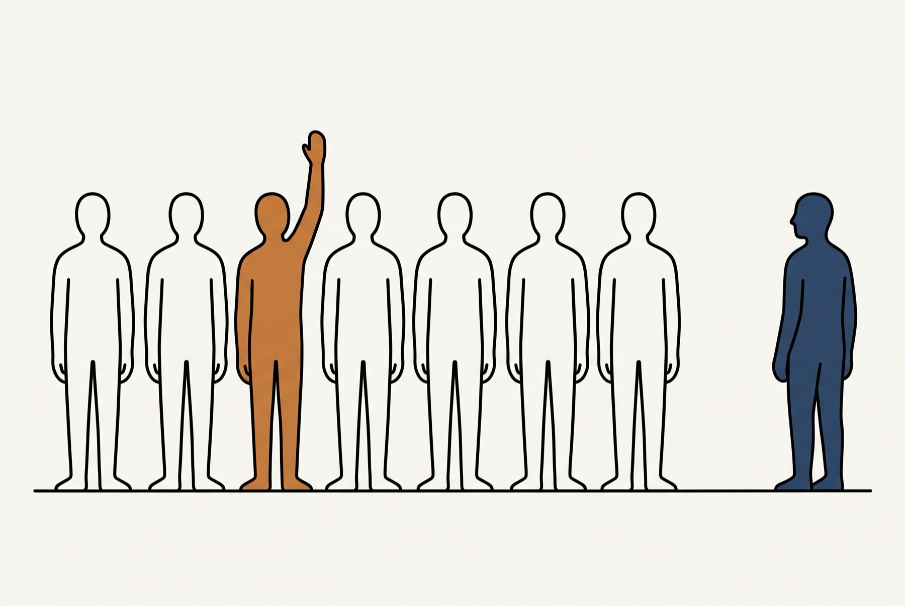 Seven figures stand in a row on one thin ground line, six drawn as plain black outlines and the third from the left filled ochre with one arm raised. An eighth figure, filled deep slate blue and seen from the side, stands alone further right with a gap about one figure wide between them.