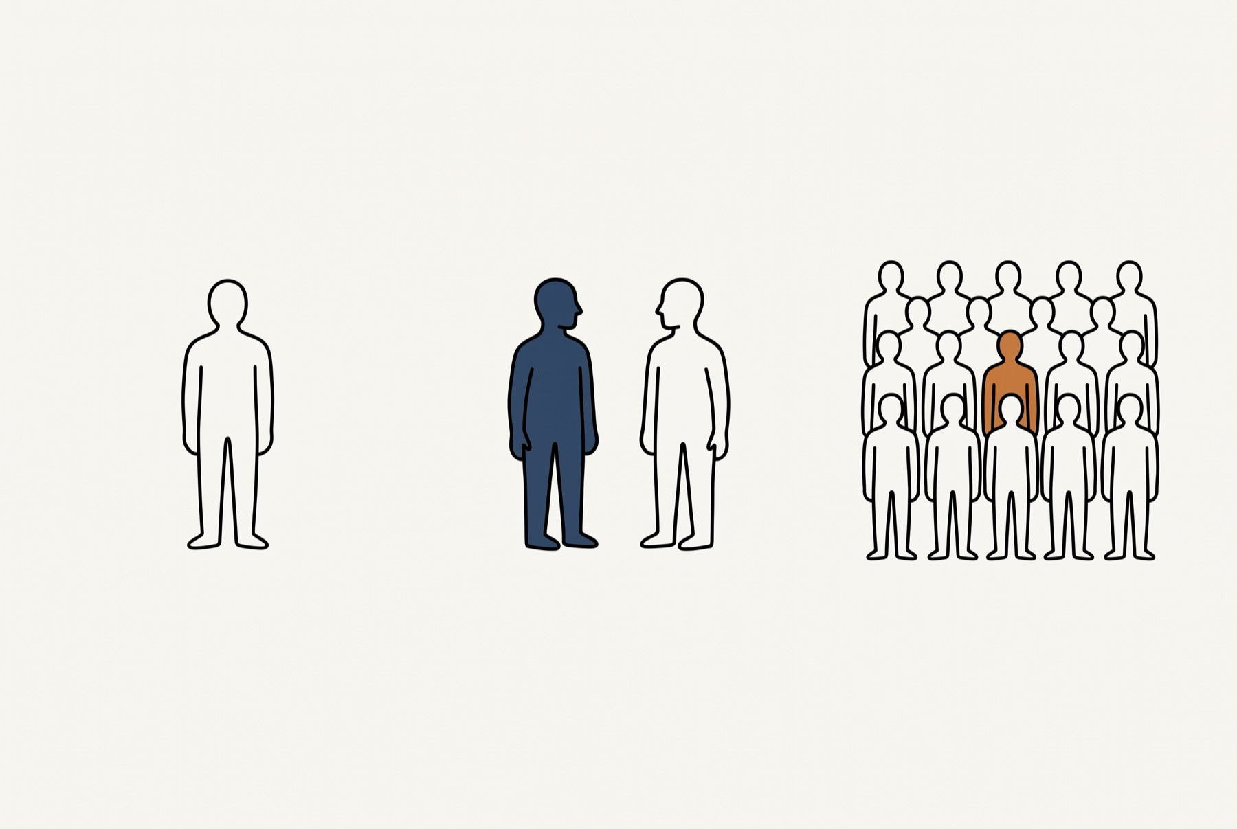 Three groups on empty ground: one figure alone, then two figures facing each other, then a block of fifteen smaller figures in three rows, one of them filled in.
