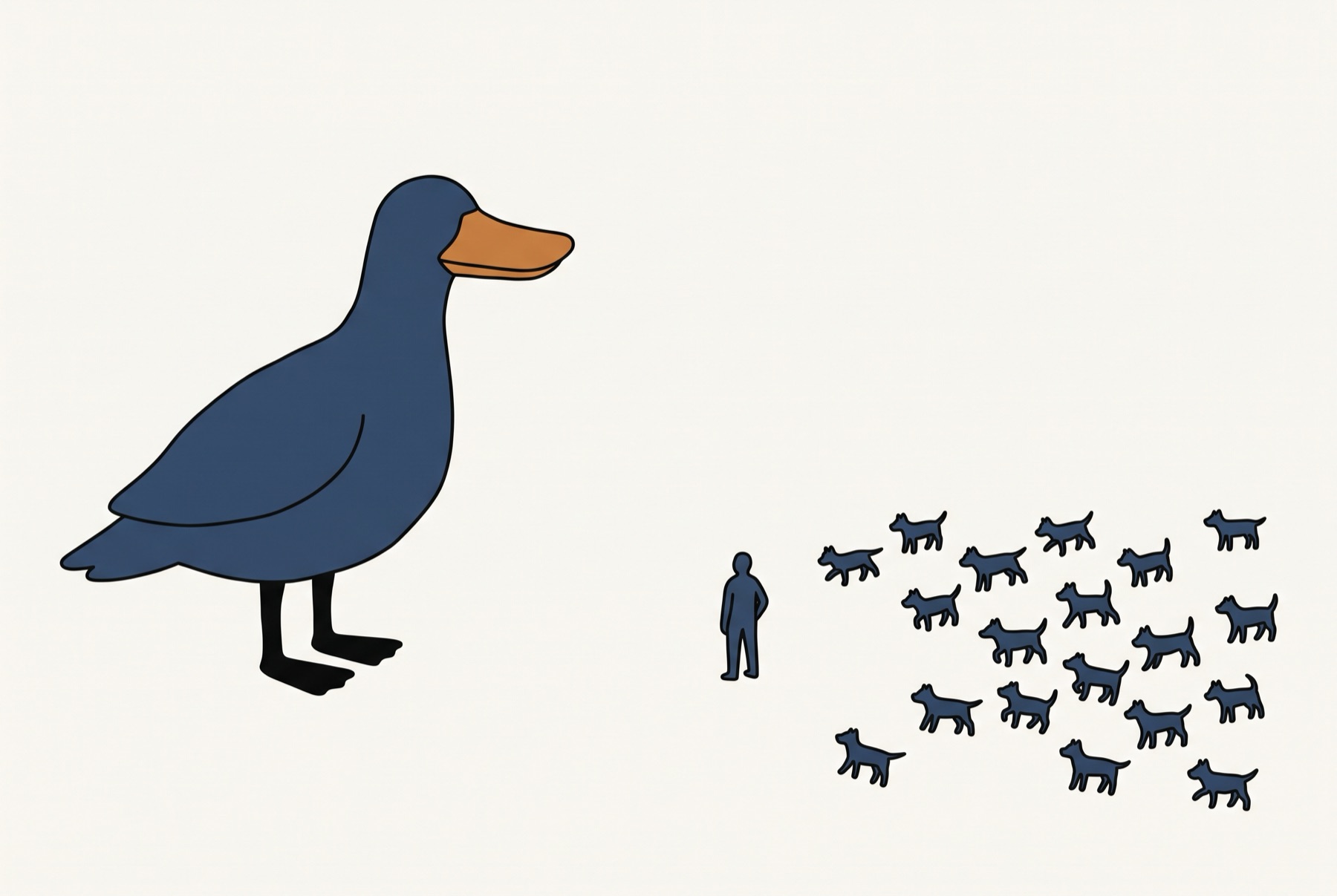 One enormous bird stands at the left of an empty floor, facing right. Nineteen small four-legged animals are scattered across the right, with a single small human figure standing alone between them.