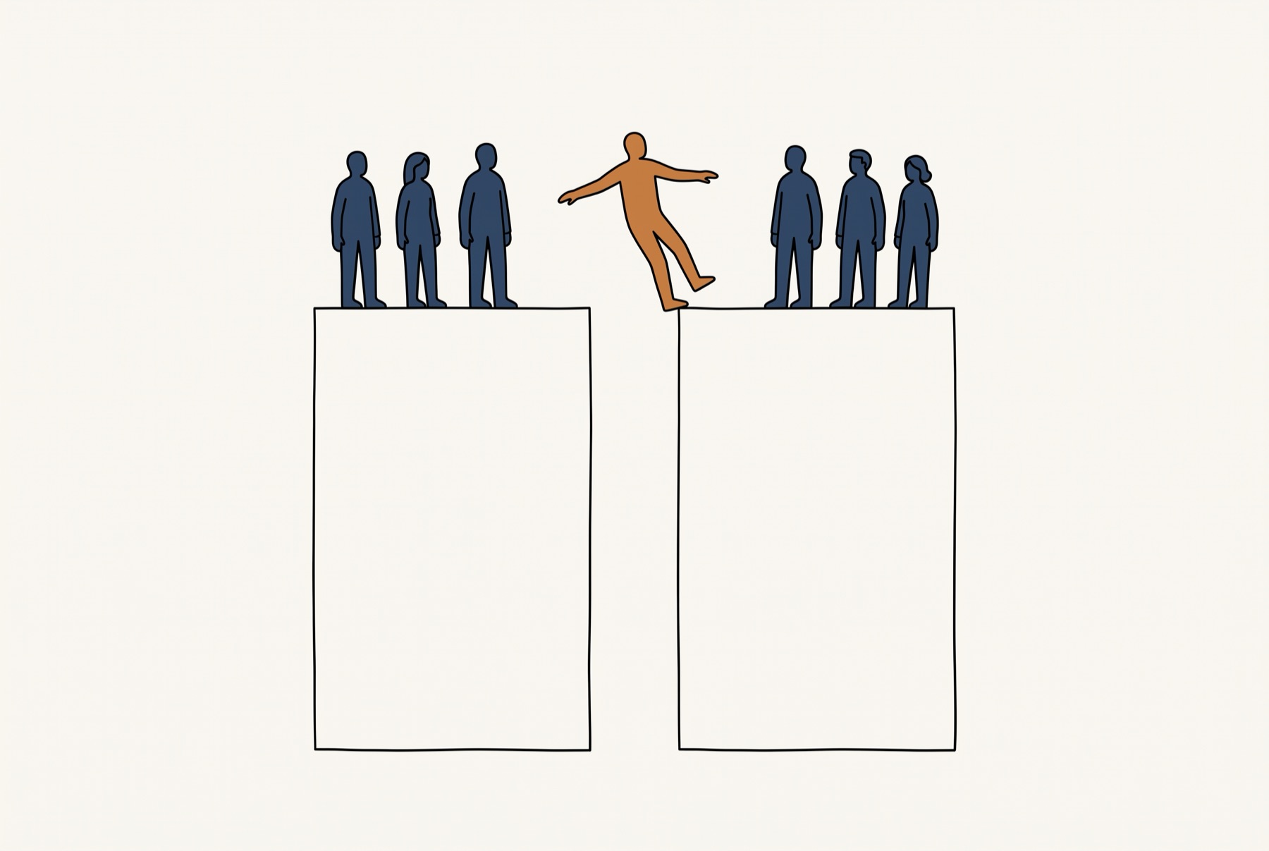 Two tall panels of equal height stand side by side with a narrow empty gap between them. Three small figures stand squarely on top of each panel, and a seventh teeters on the edge above the gap with both arms out.