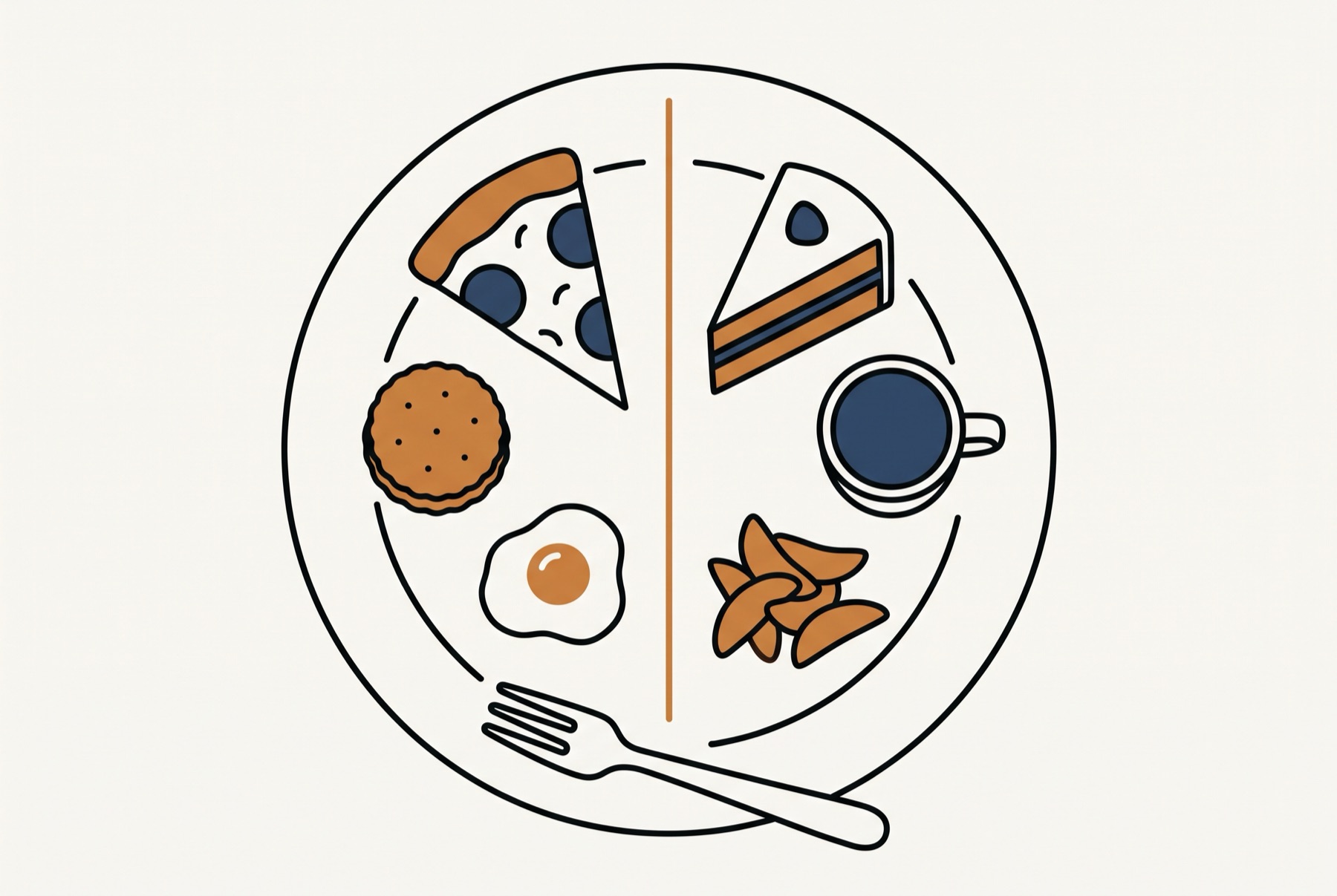 A single round plate seen from directly above, cut down the middle by a clean vertical line, with a different set of simple food shapes arranged on each half.