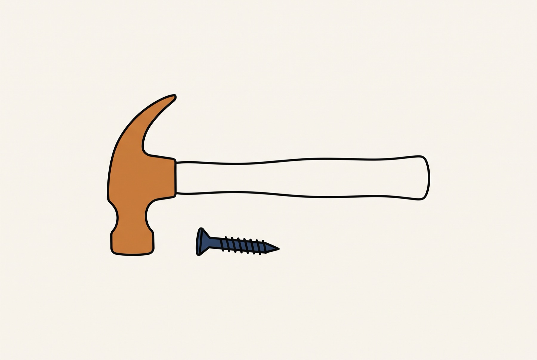 A claw hammer lies on its side across the frame, its head filled warm ochre at the left and its long handle drawn as an outline running right. A small slate blue screw lies alone below the hammer's head, pointing the same way.