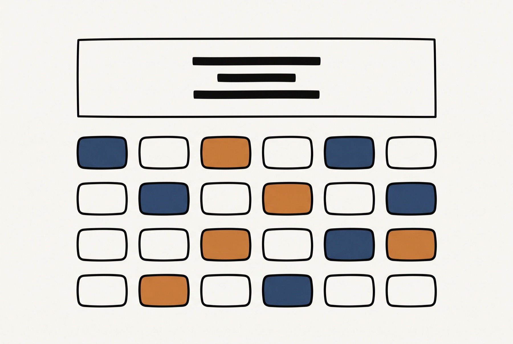 A single wide panel at the top of the frame with three plain bars on it, the middle bar shortest. Below it, a grid of twenty-four small identical rounded shapes, six across and four down, eleven of them filled in and the rest left as outlines.