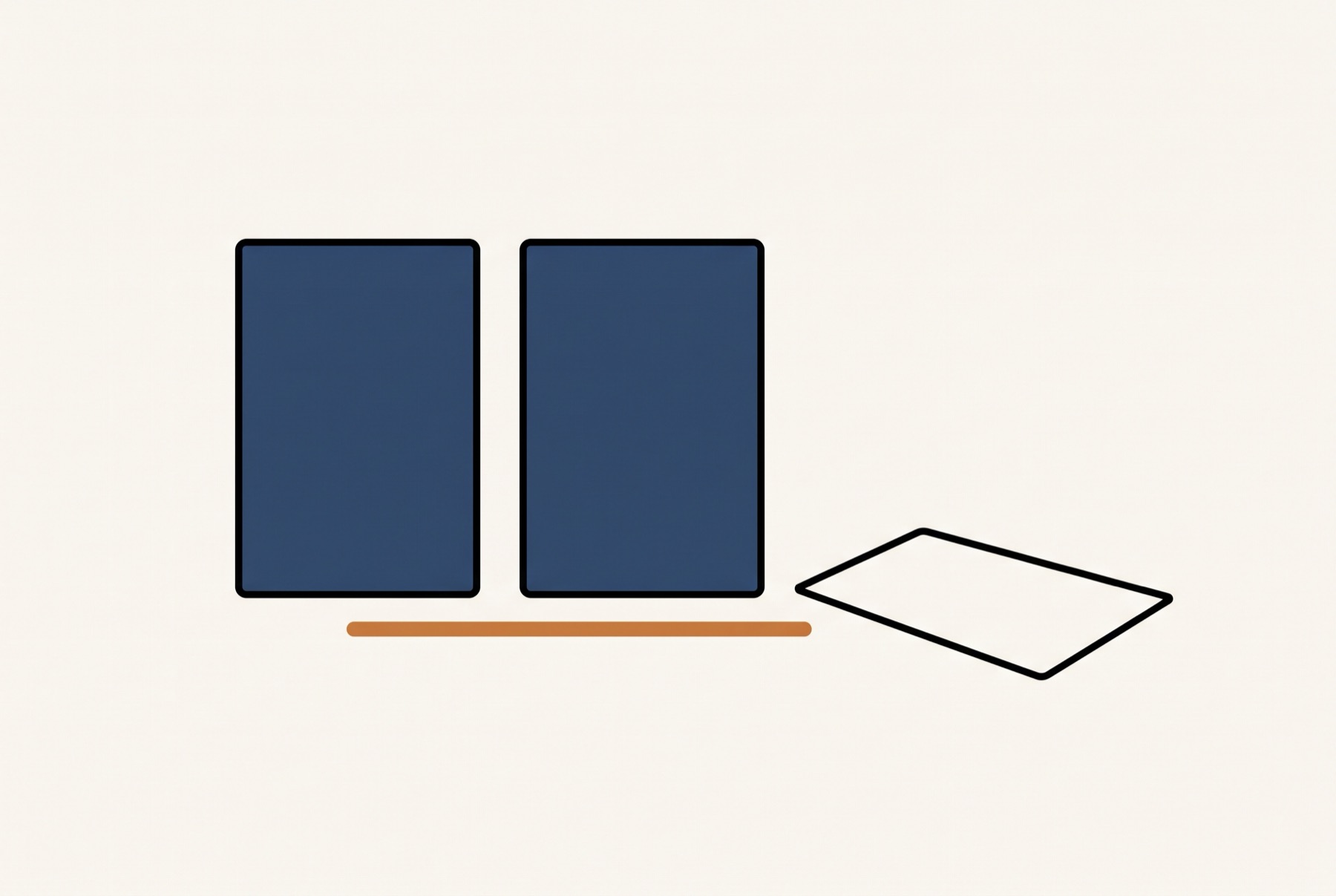Two plain cards stand side by side, both filled solid, with a short line on the ground beneath them tying the pair together. A third card lies flat and empty to their right, in the space where a third standing card would go.
