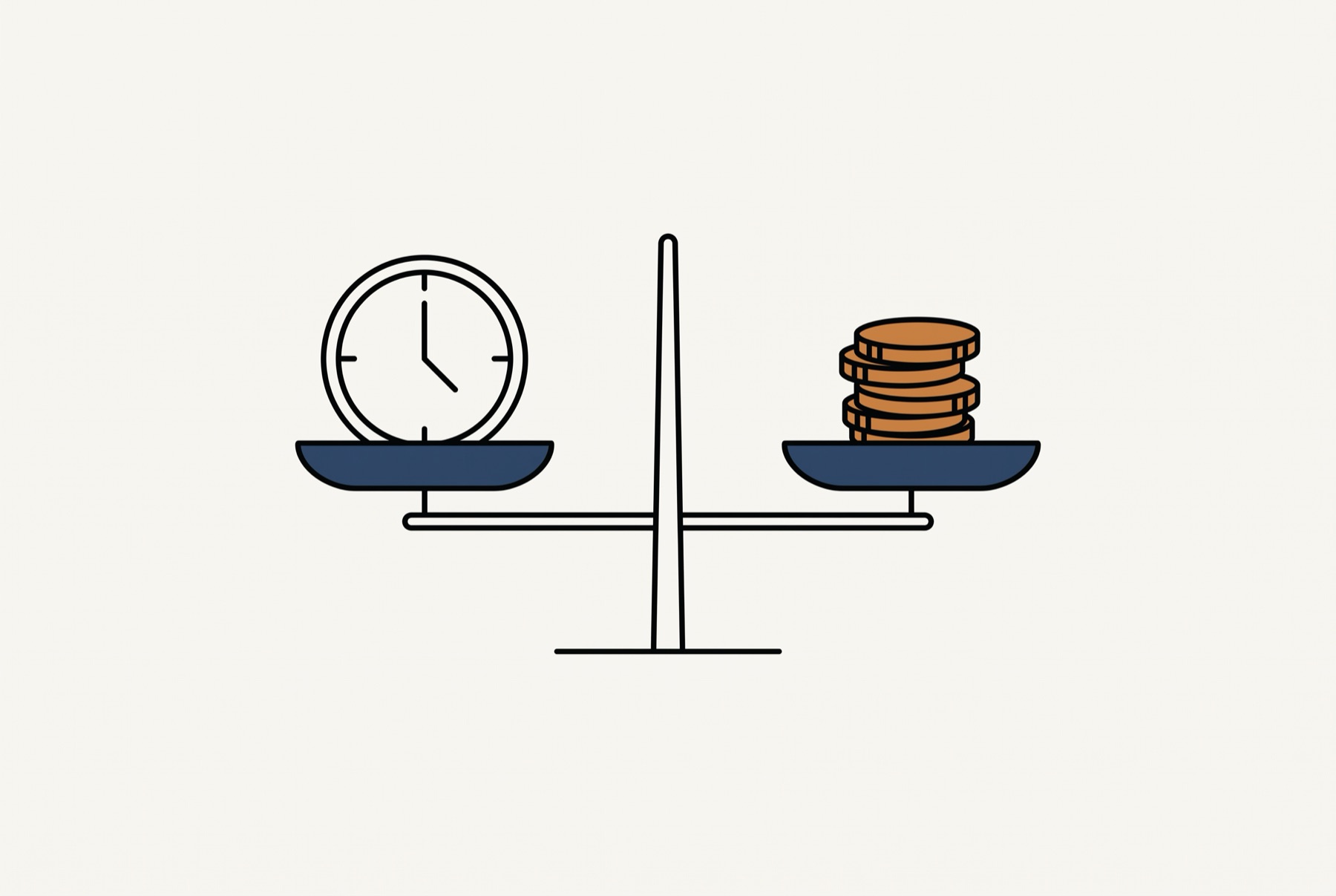 A two-pan balance scale sits exactly level, with a plain round clock face on the left pan and a short stack of coins on the right.