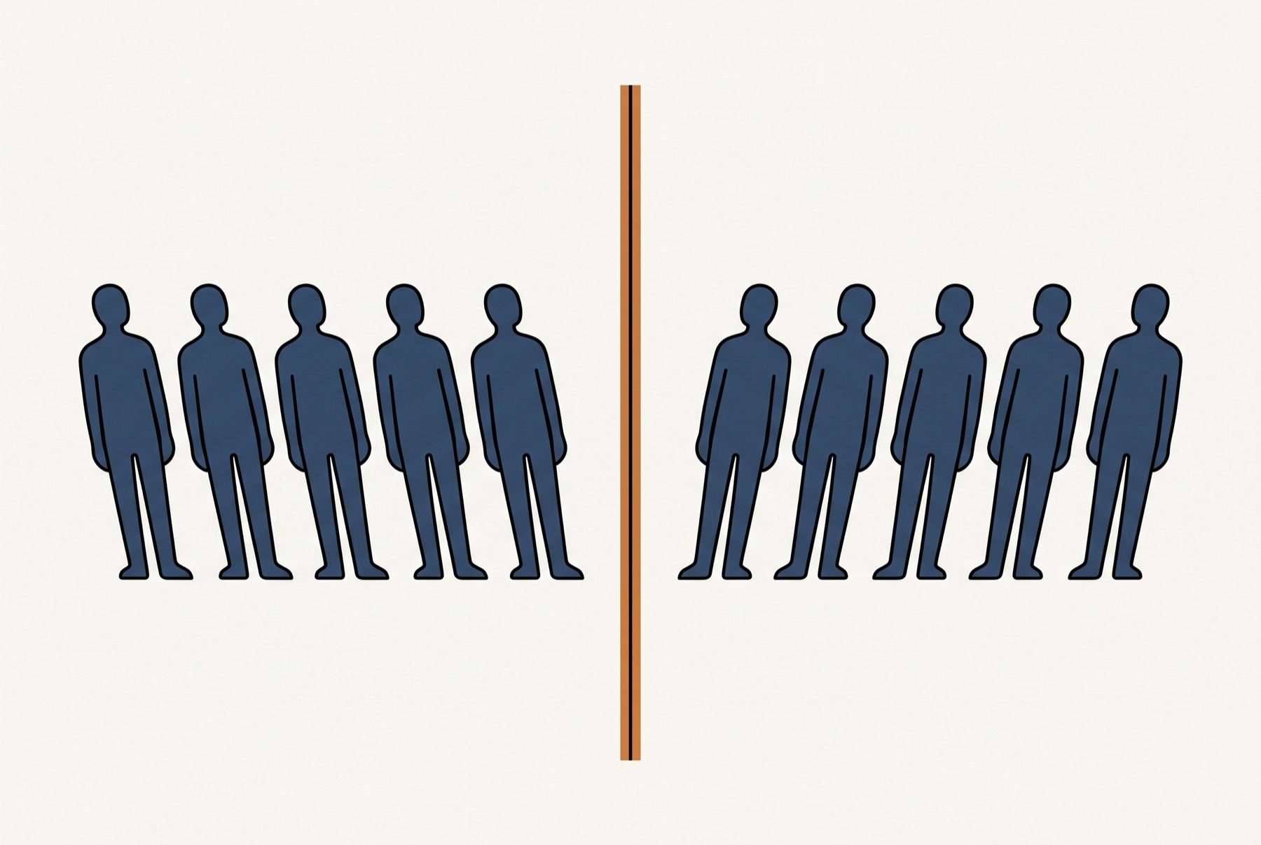 Ten identical figures stand upright in a row, five on each side of a tall vertical line down the centre, the two groups mirroring each other.