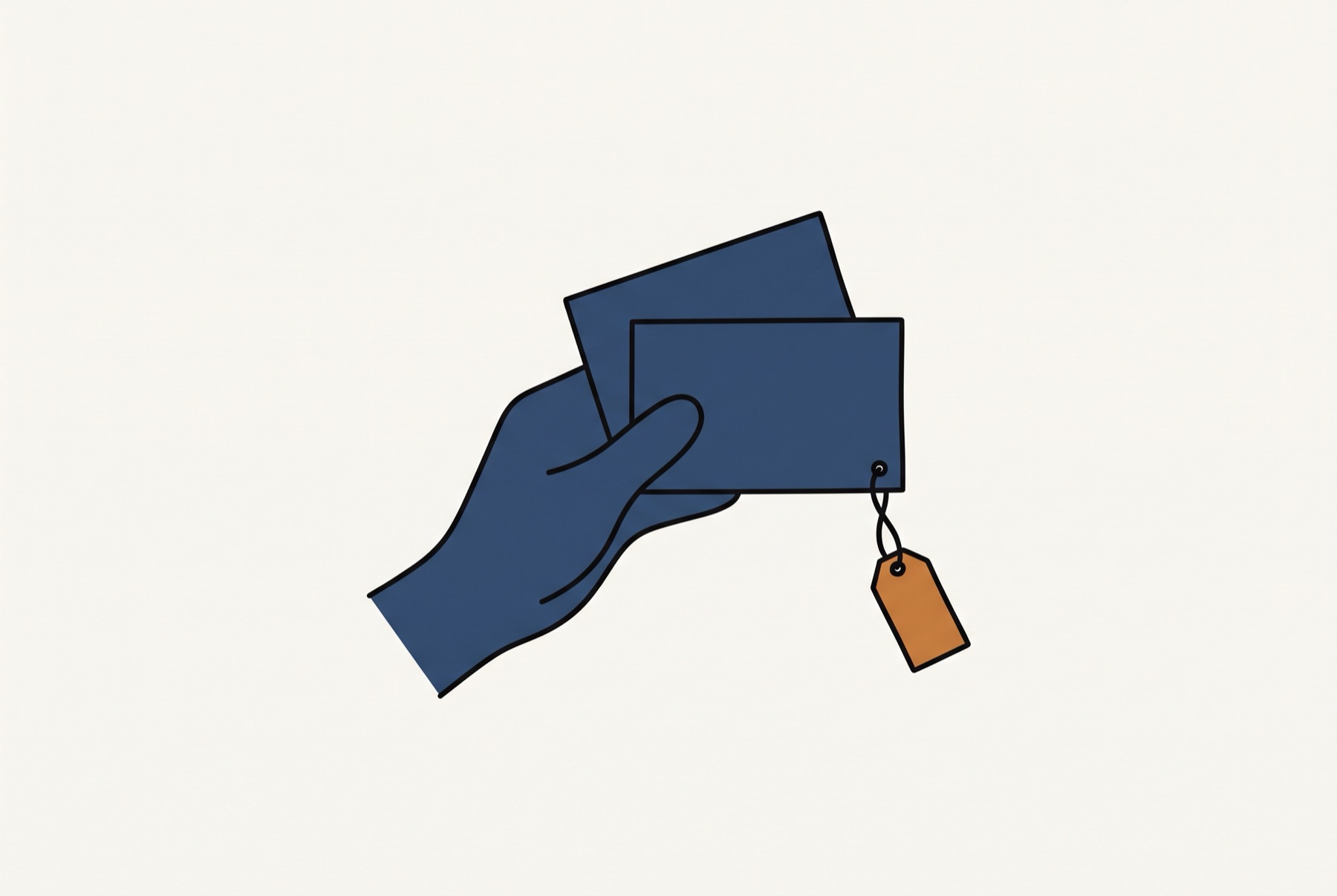 A hand holds up two identical plain cards, and a small tag hangs from the corner of one of them on a short thread.