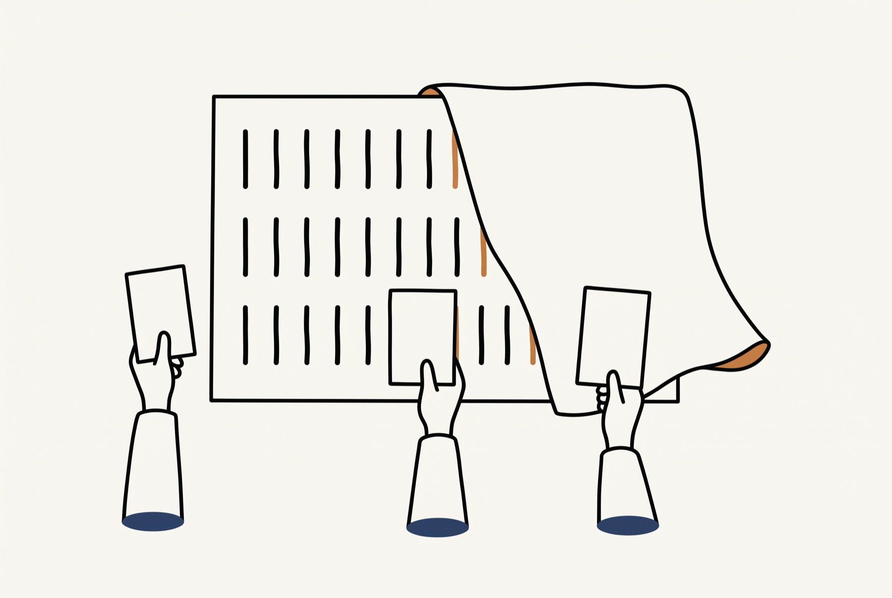 A large plain sheet covers the right-hand part of a board ruled with three rows of short upright strokes, four of them ochre. The sheet's lower right corner curls up to show an ochre underside, and three raised forearms in front each hold up one blank card.