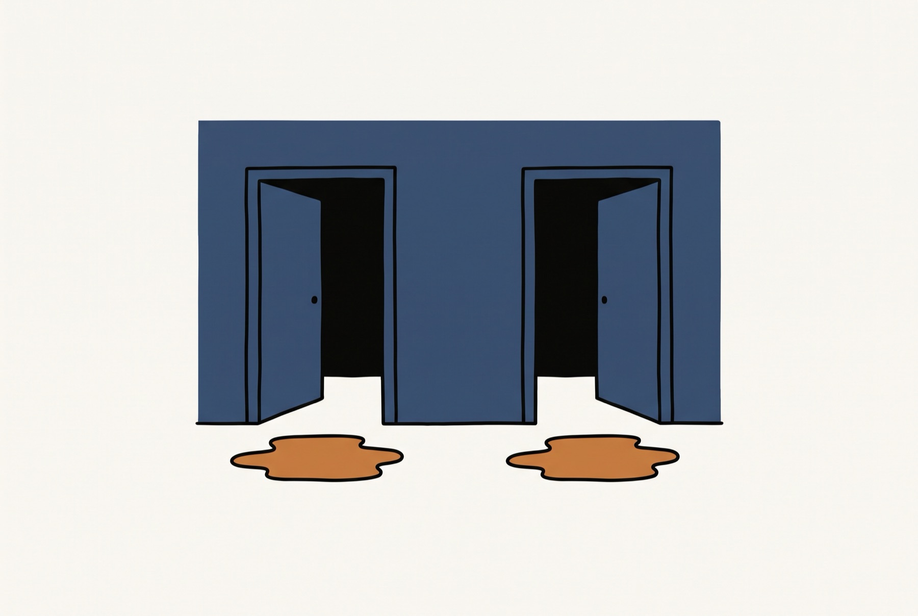 Two plain doorways stand side by side in a bare wall, and a shallow puddle sits on the floor in front of each of them.
