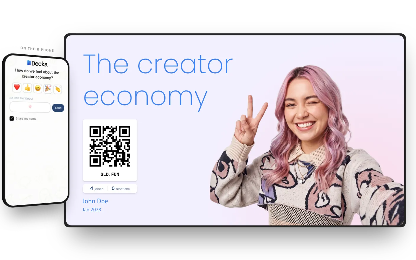 Demo of a deck being built live in the editor: two collaborators add an AI-generated image and text, apply a floating animation, restyle the deck from the theme drawer, then present — and the audience joins from their phones via a QR code, sending emoji reactions that fly across the big screen.